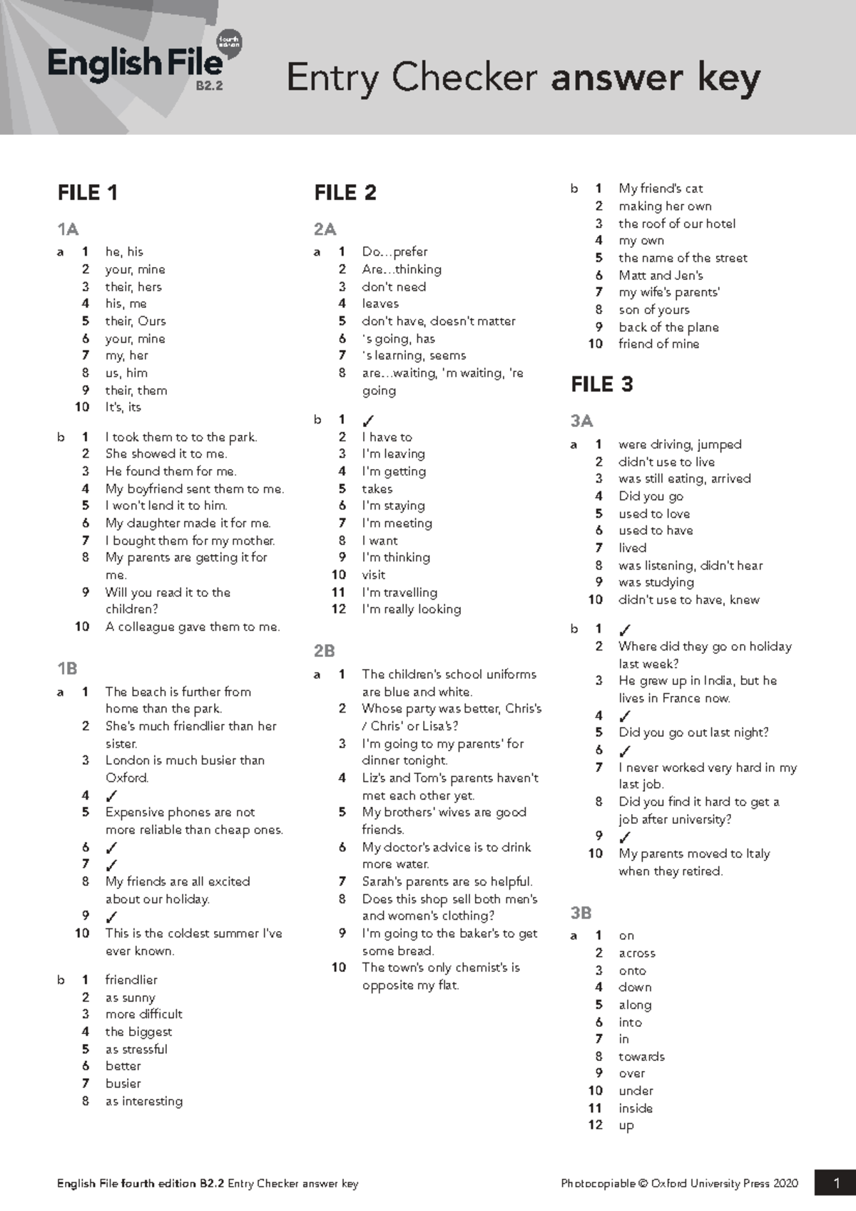 English File B2.2 Entry Checker Answer Key - 4th Edition - Studocu