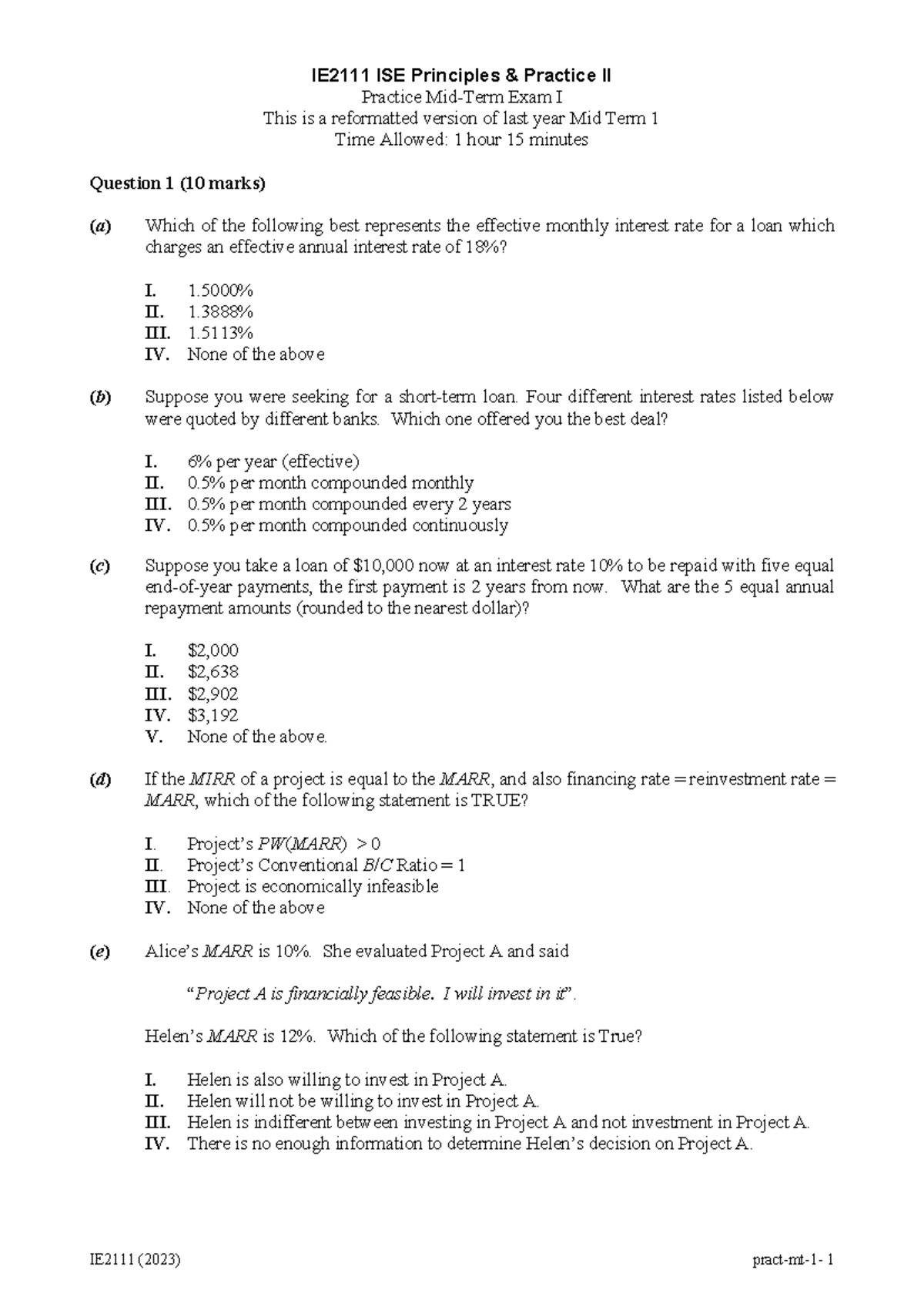 IE2111 2023 Practice Mid-Term Exam I - Reformatted Version - Studocu