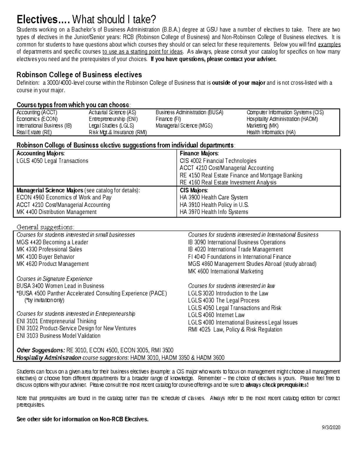 B.B.A. Elective Course Guide: RCB Options at GSU - Studocu