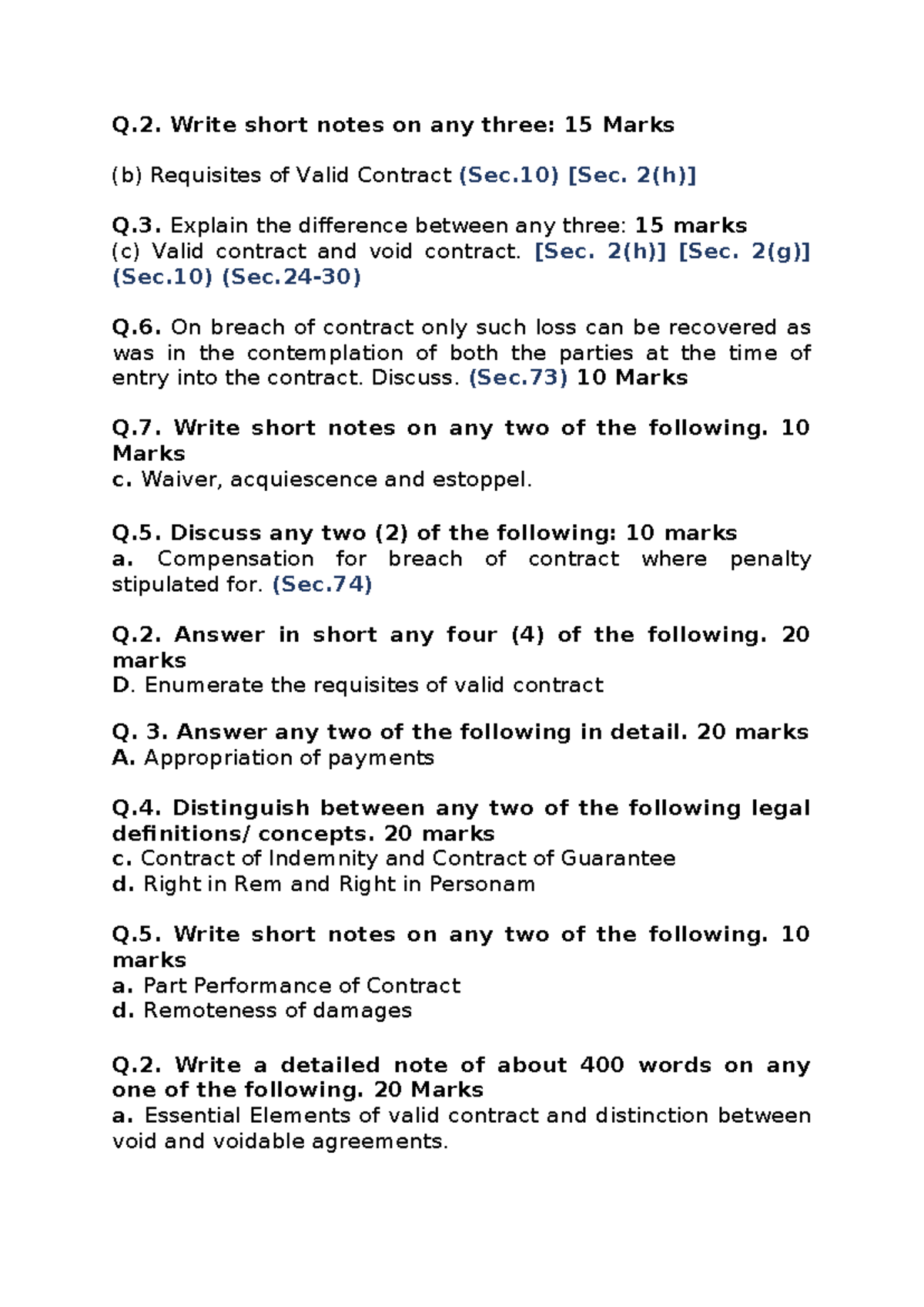 Contract Act Ques Bank: Key Concepts & Valid Contract Essentials - Studocu