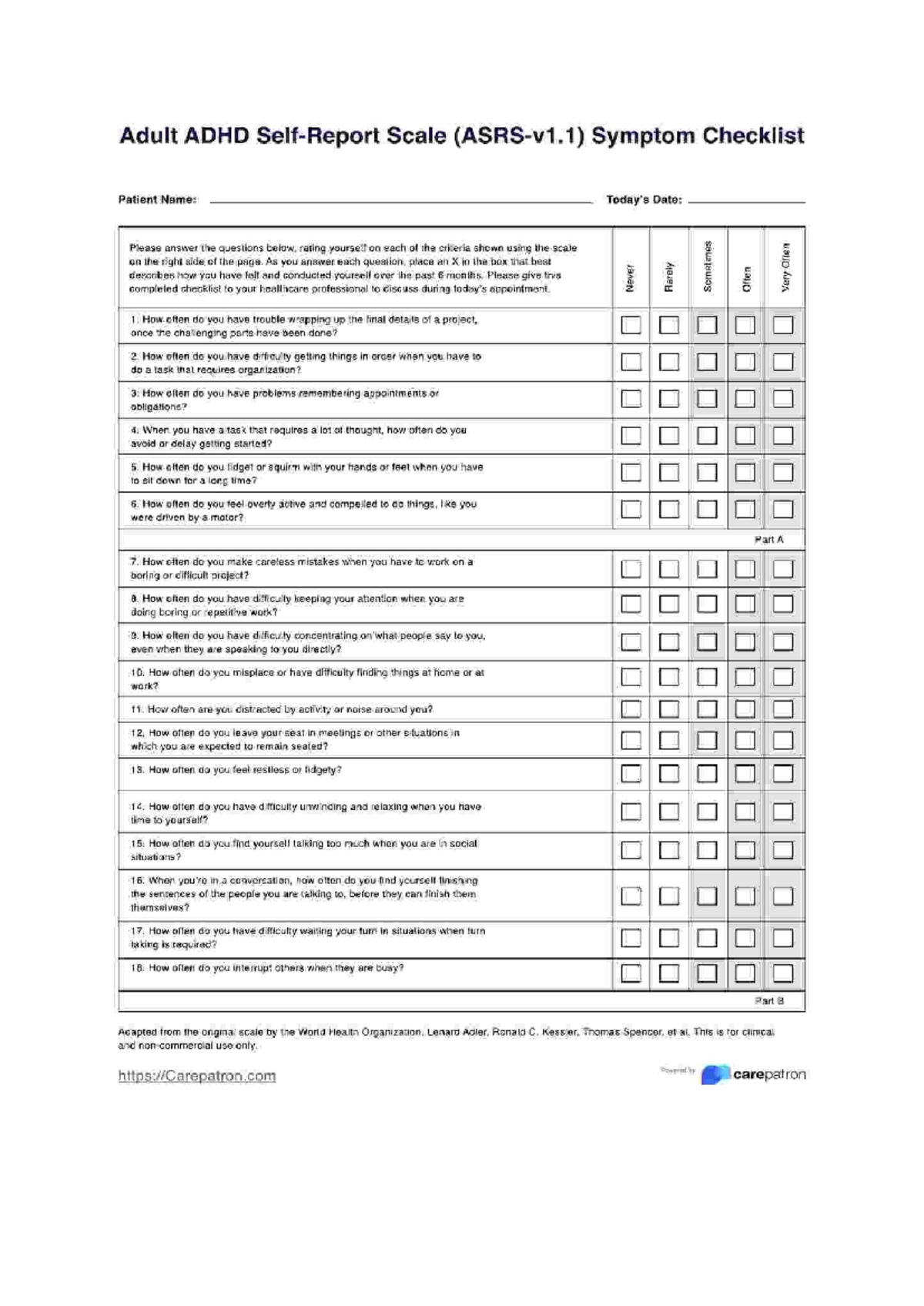 Adult ADHD Scale Symptom Checklist (WHO) - Patient Self-Assessment ...