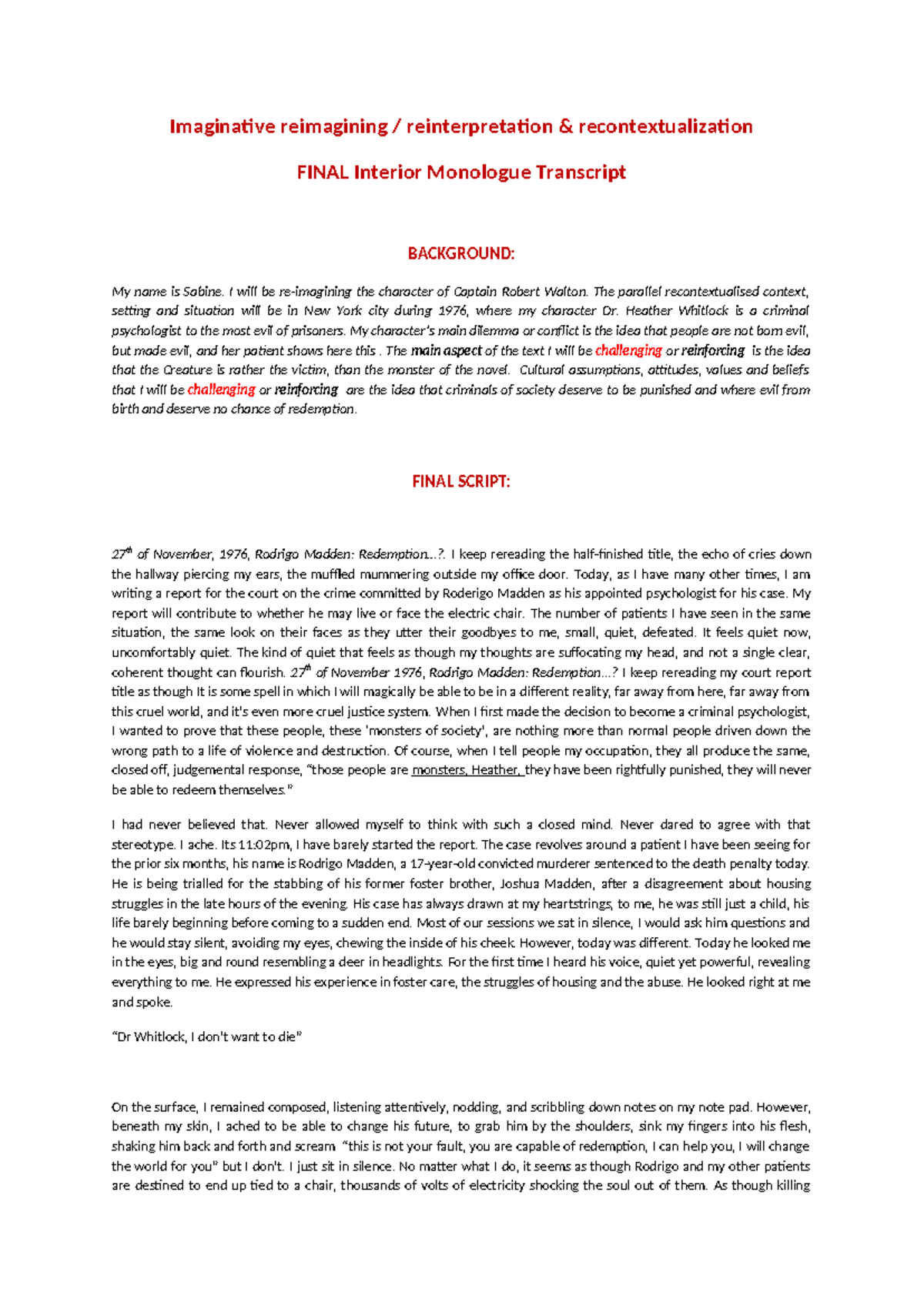 FA1 Interior Monologue Script: The Case of Rodrigo Madden - Evil Is ...