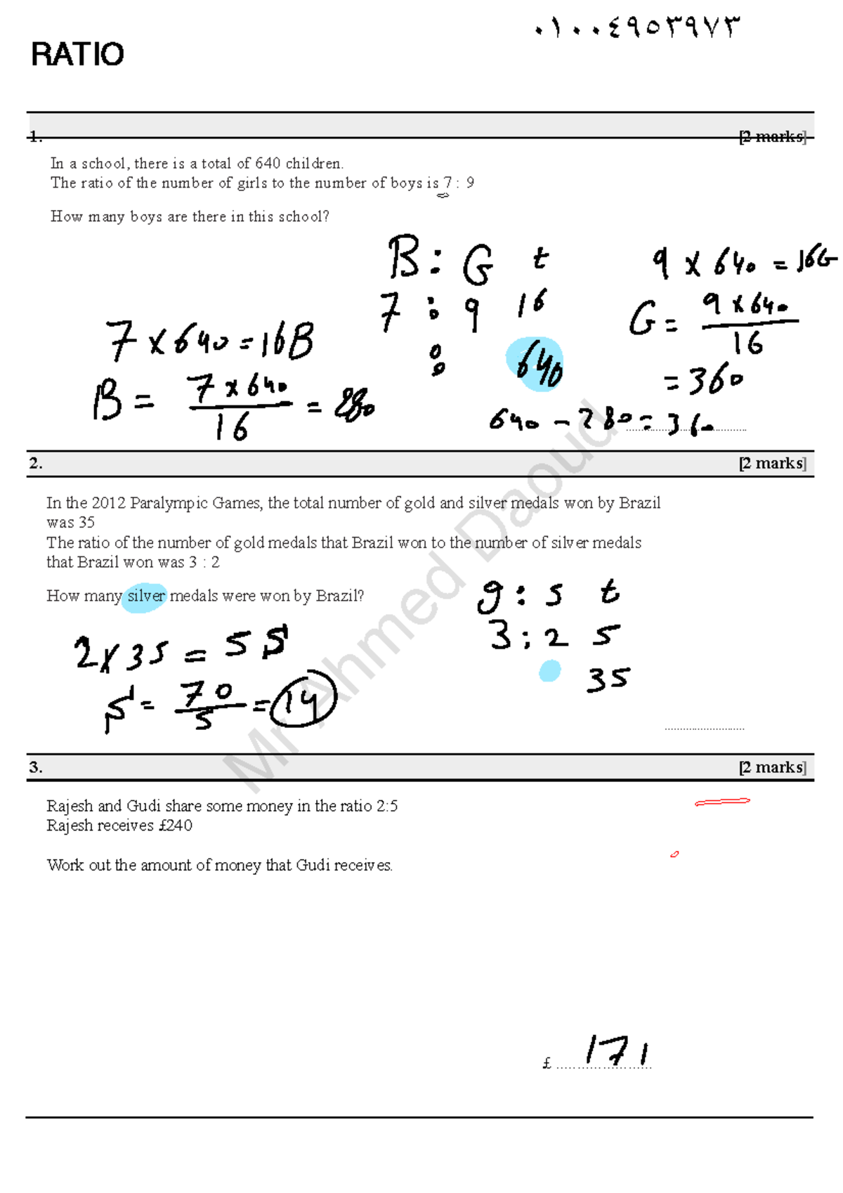 GCSE 01004953973 IGCSE Exam Practice: Ratios and Probabilities - Studocu