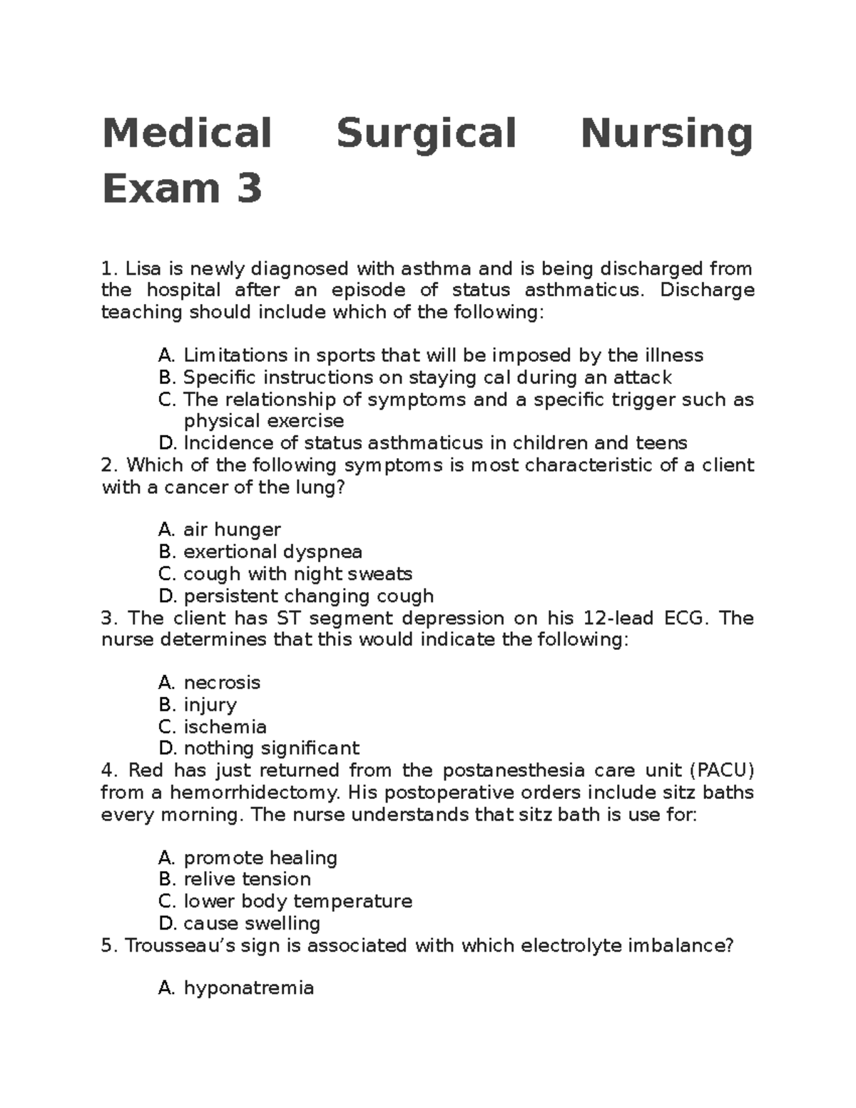 Medical Surgical Nursing Exam 3 Study Guide and Review - Studocu