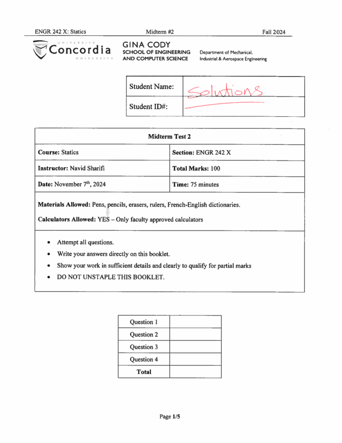 Midterm 2 Solution - ENGR 242 X: Statics Midterm Fall 2024 GINA CODY ...