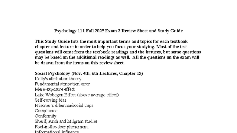 Psychology PSY 101 Fall 2025 Exam 3 Review & Study Guide - Studocu