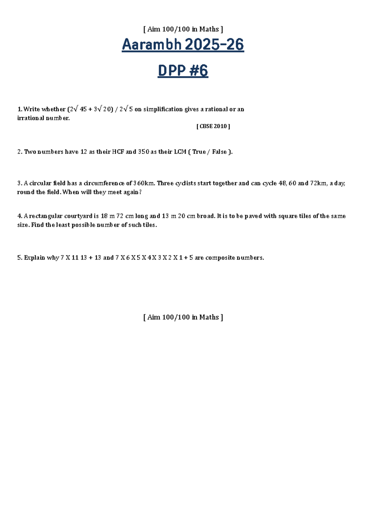 Class 10 Maths Most Important Questions for Board Exams - Aarambh DPP 1 ...