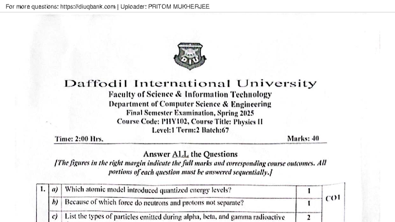 Physics II (PHY102) Final Exam Questions - Spring 2025 - Studocu