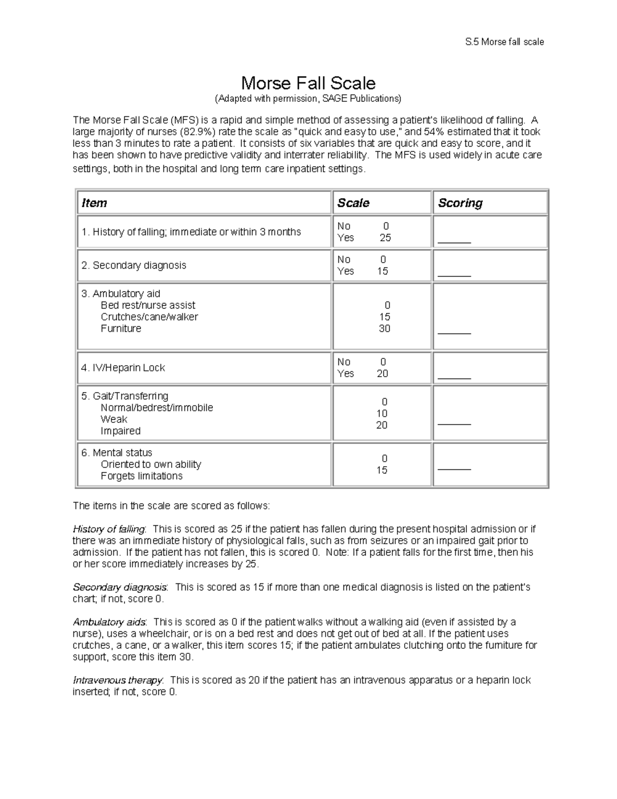 MFS Risk Assessment & Scoring Guide: Fall Prevention Strategies - Studocu
