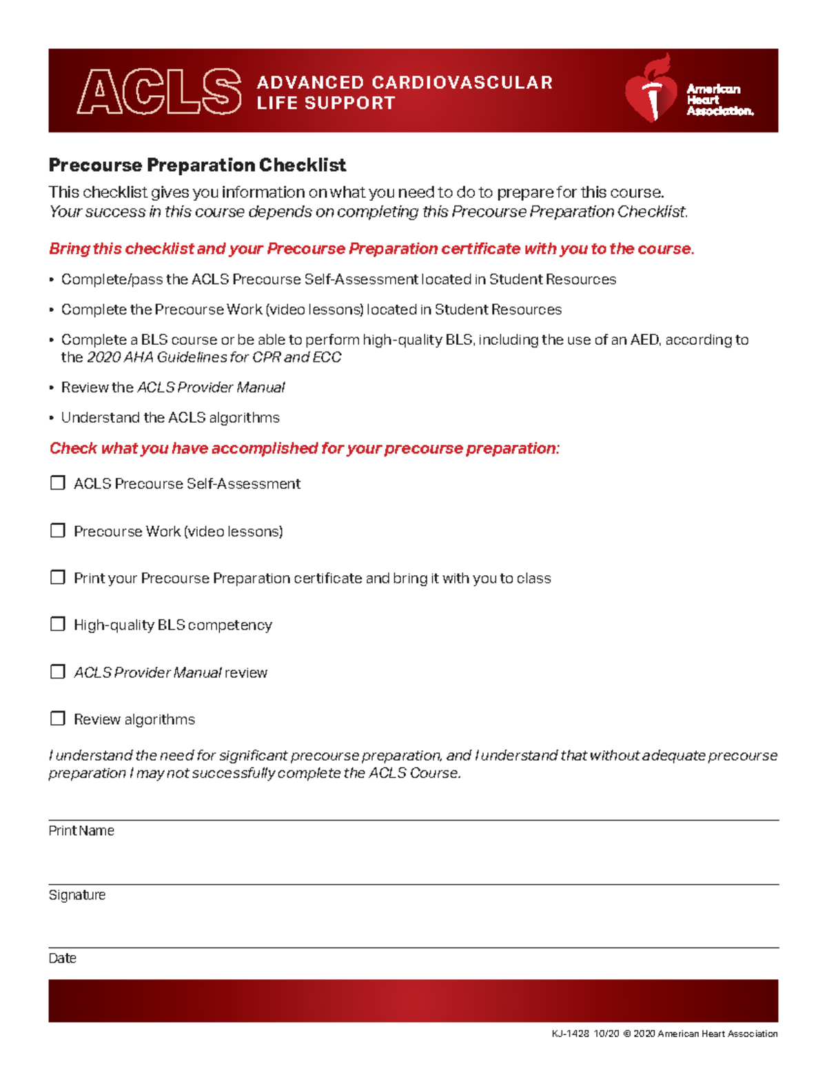 327 242 KJ-1428 ACLS Precourse Preparation Checklist and Guide - Studocu