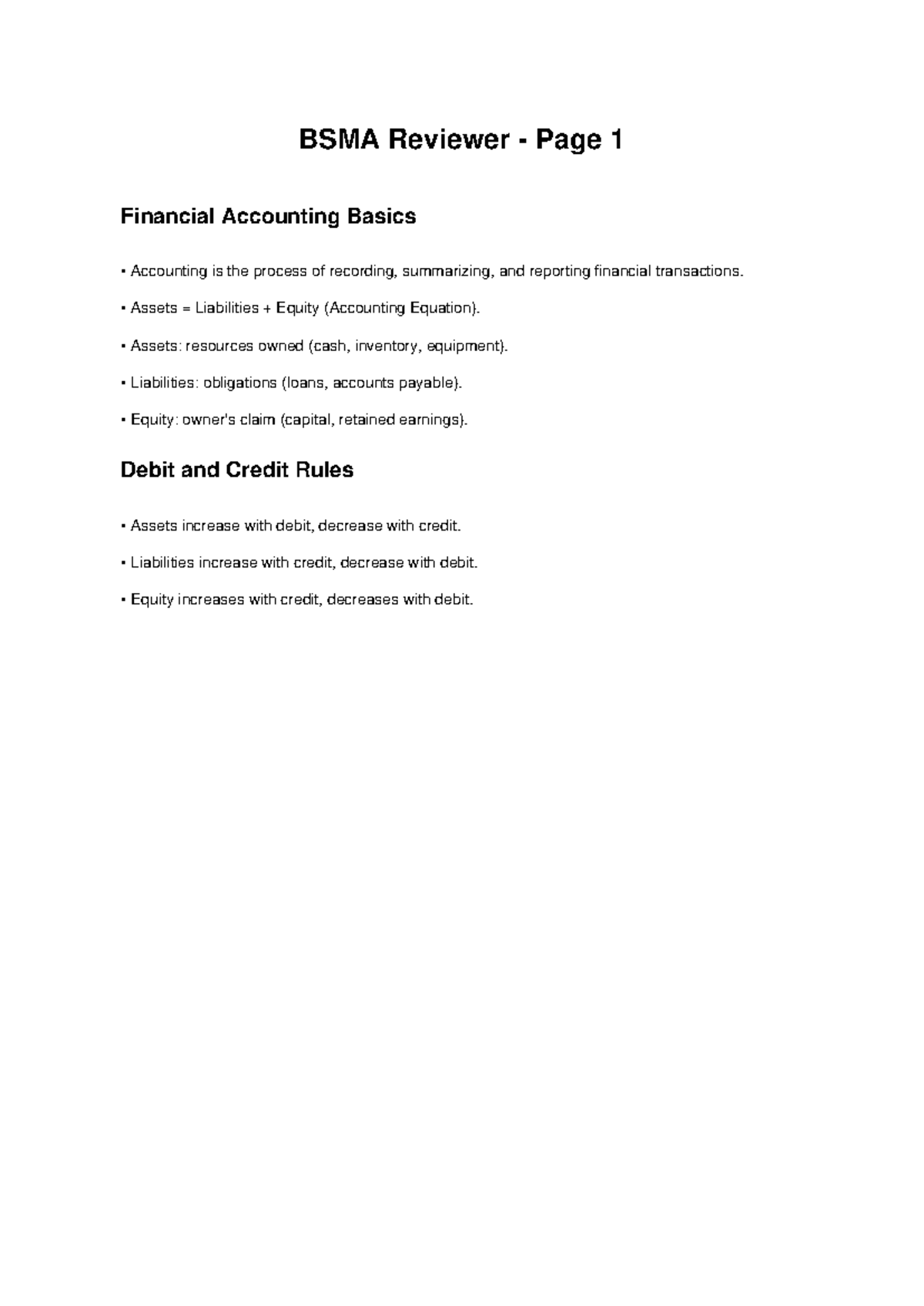 BSMA Reviewer: Financial & Managerial Accounting Basics - Studocu