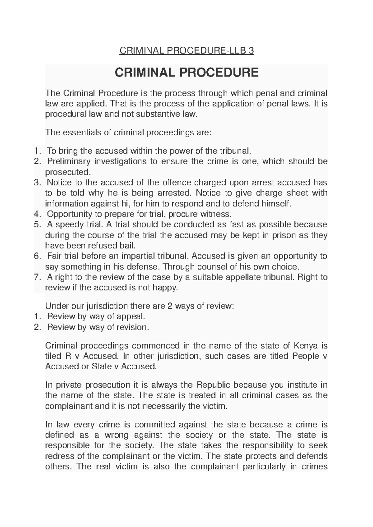 LLB 3 Criminal Procedure Lecture Notes Overview and Key Aspects - Studocu
