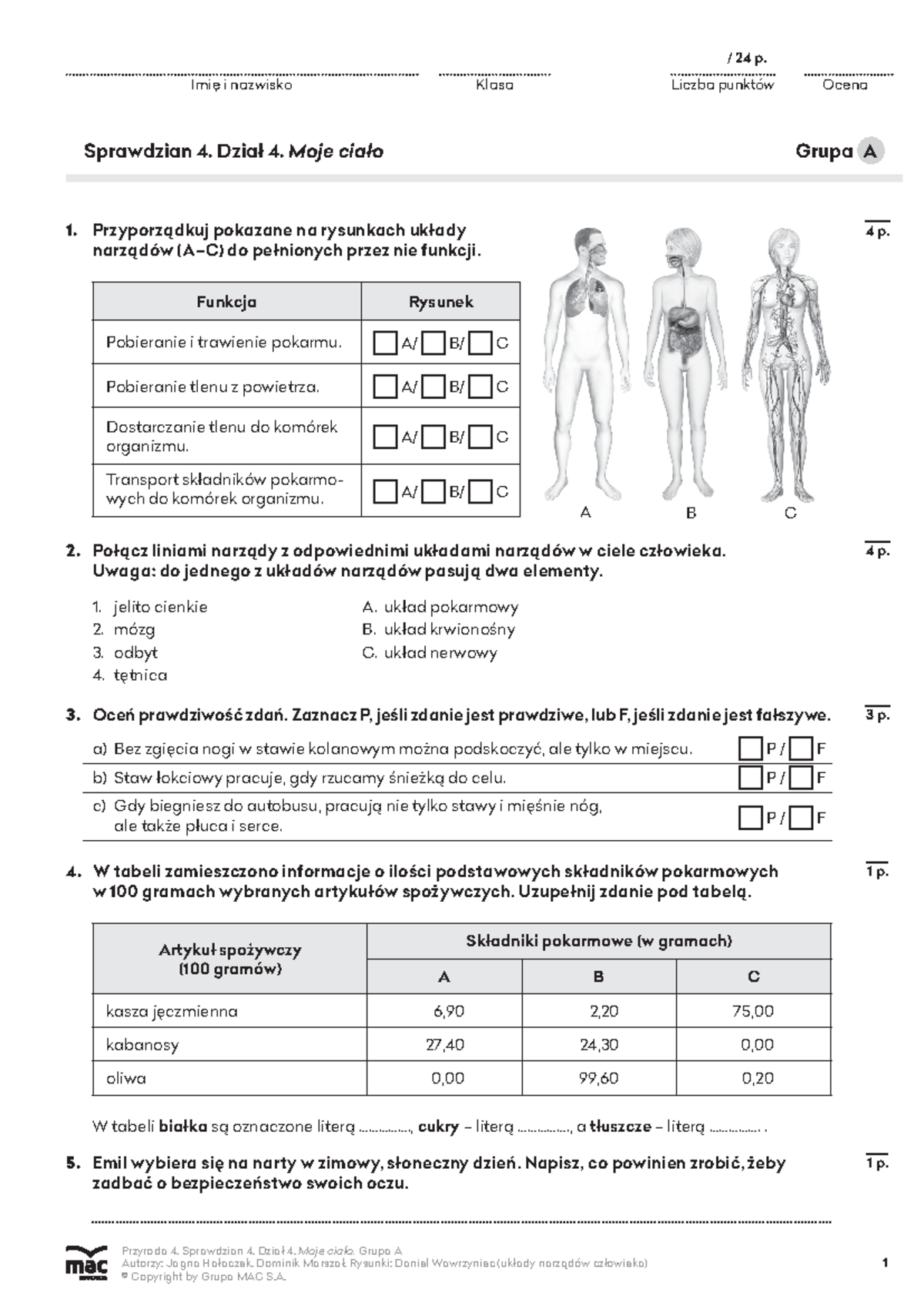 Sprawdzian Przyroda Kl 4 Ciało Człowieka www.studocu.com