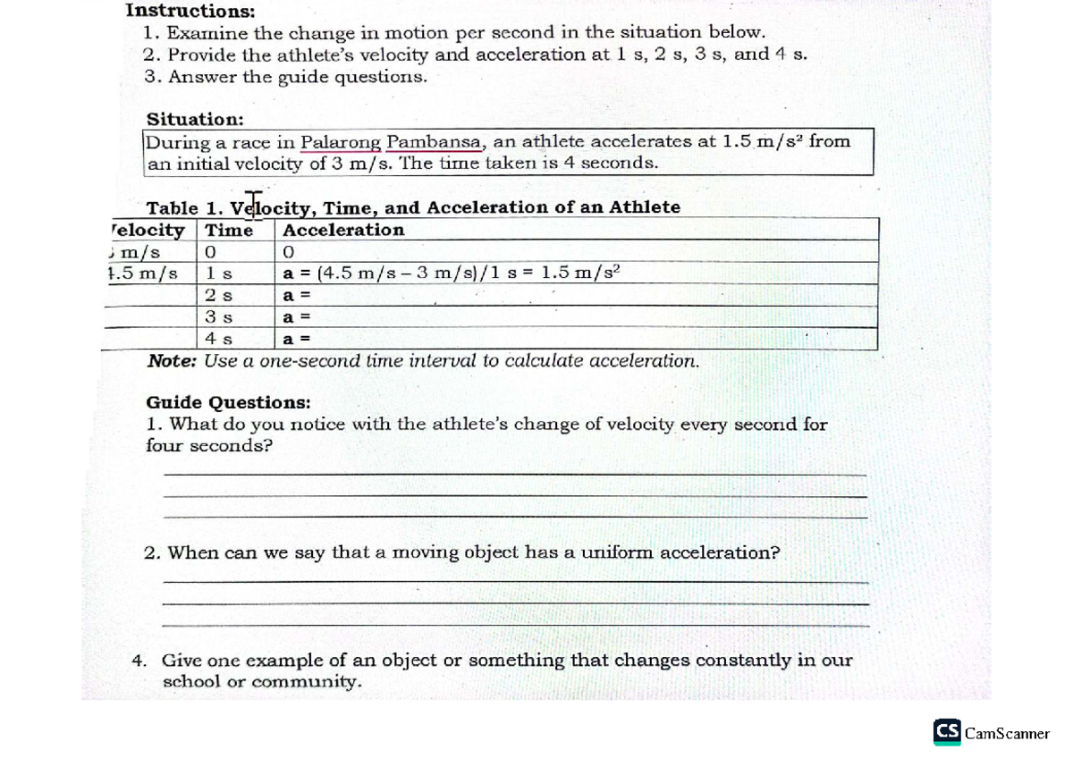 CS Activity 4: Analyzing Velocity and Acceleration Over Time - Studocu