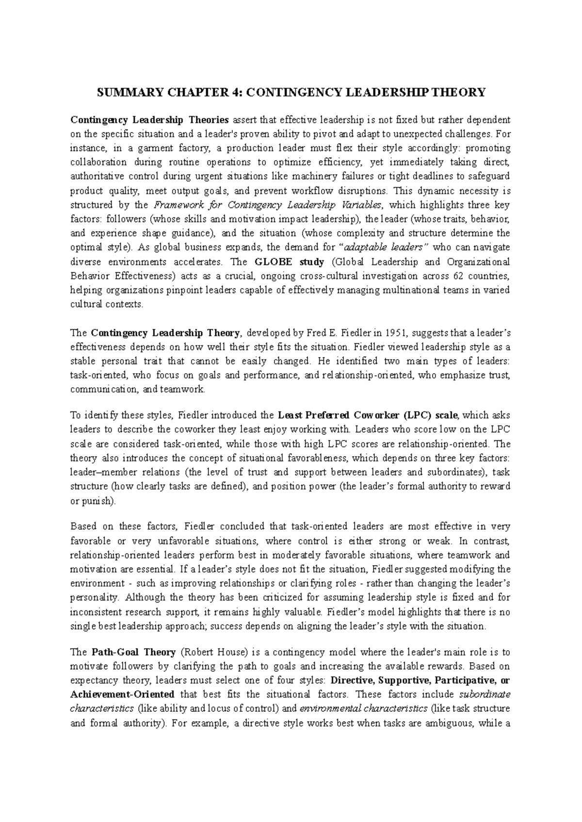 SUMMARY OF CHAPTER 4: CONTINGENCY LEADERSHIP THEORY - Studocu