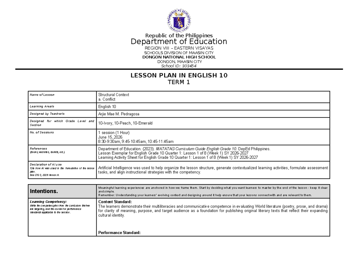 DLP- English 10 - Term 1 - Lesson Plan on Conflict Analysis - Studocu