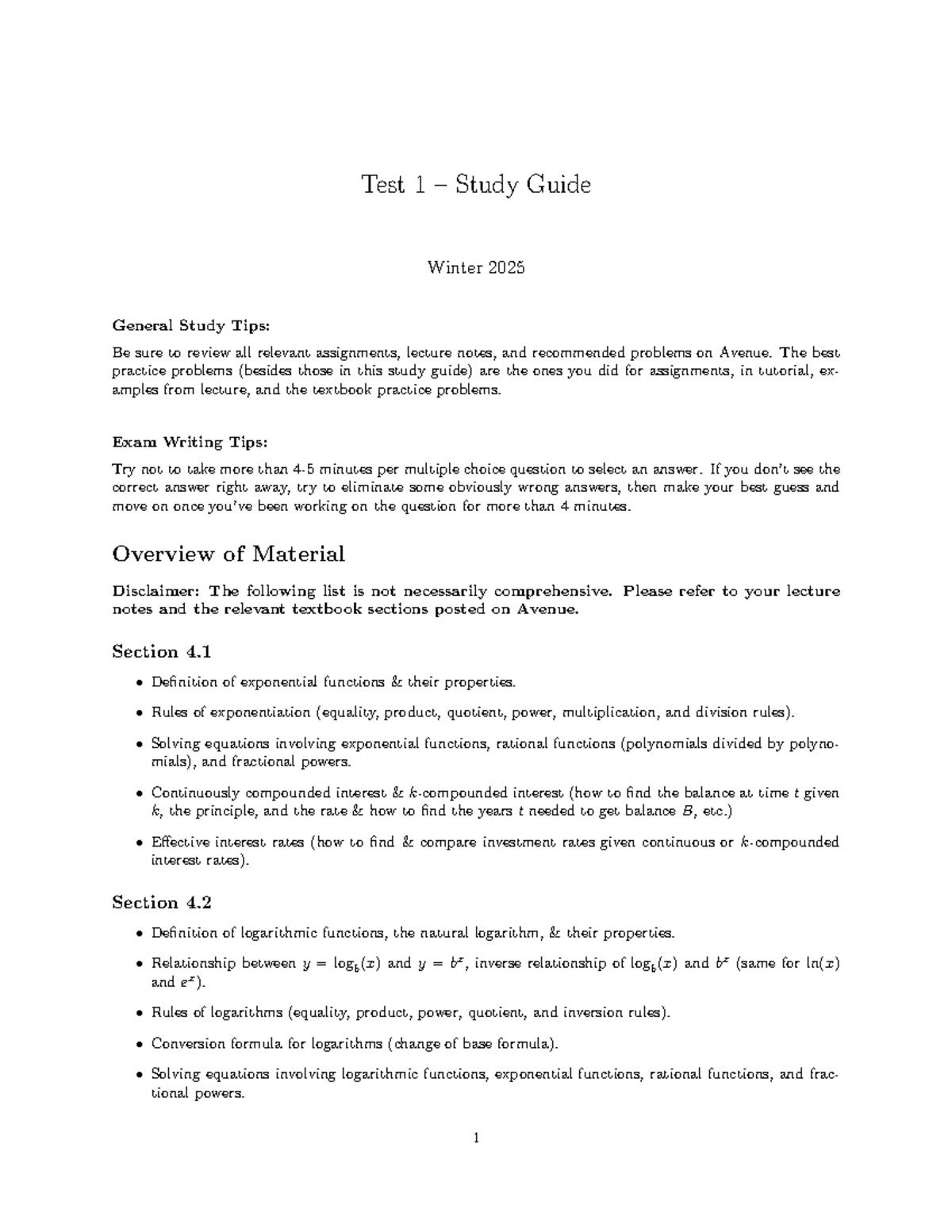 Test 1 - Study Guide - Midterm 1 practice and test outline - Test 1 ...