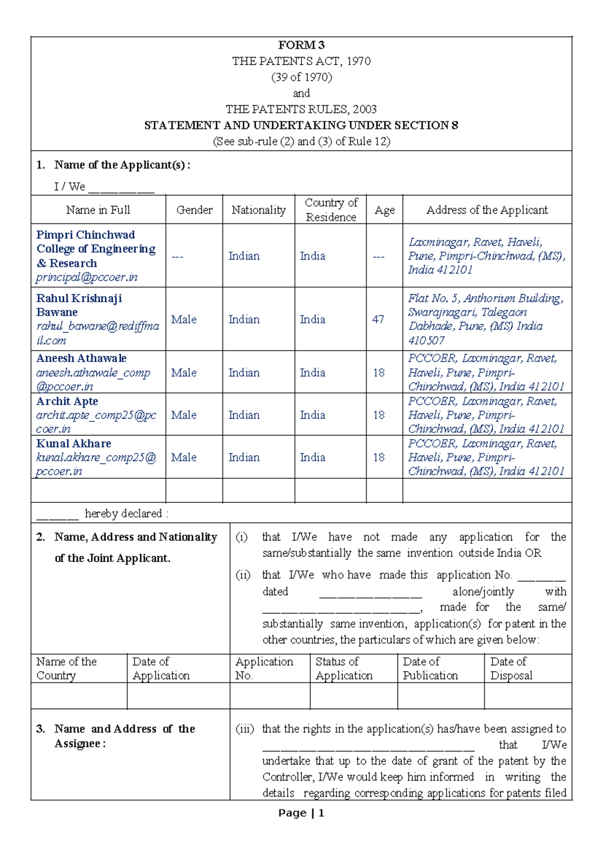 FORM 3: Statement & Undertaking Under The Patents Act, 1970 - Studocu