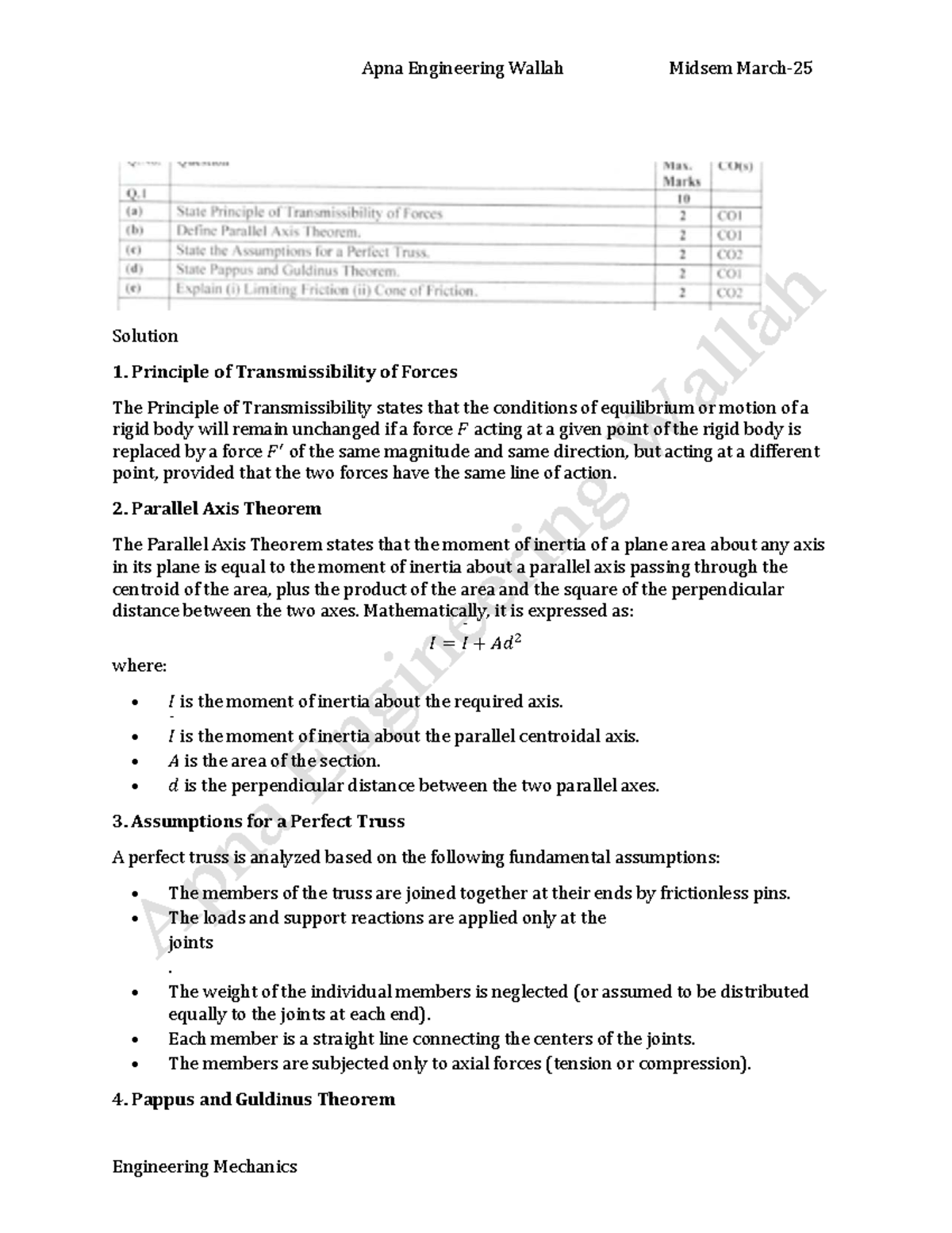EM 202 Midsem Solutions: Engineering Mechanics Concepts and ...