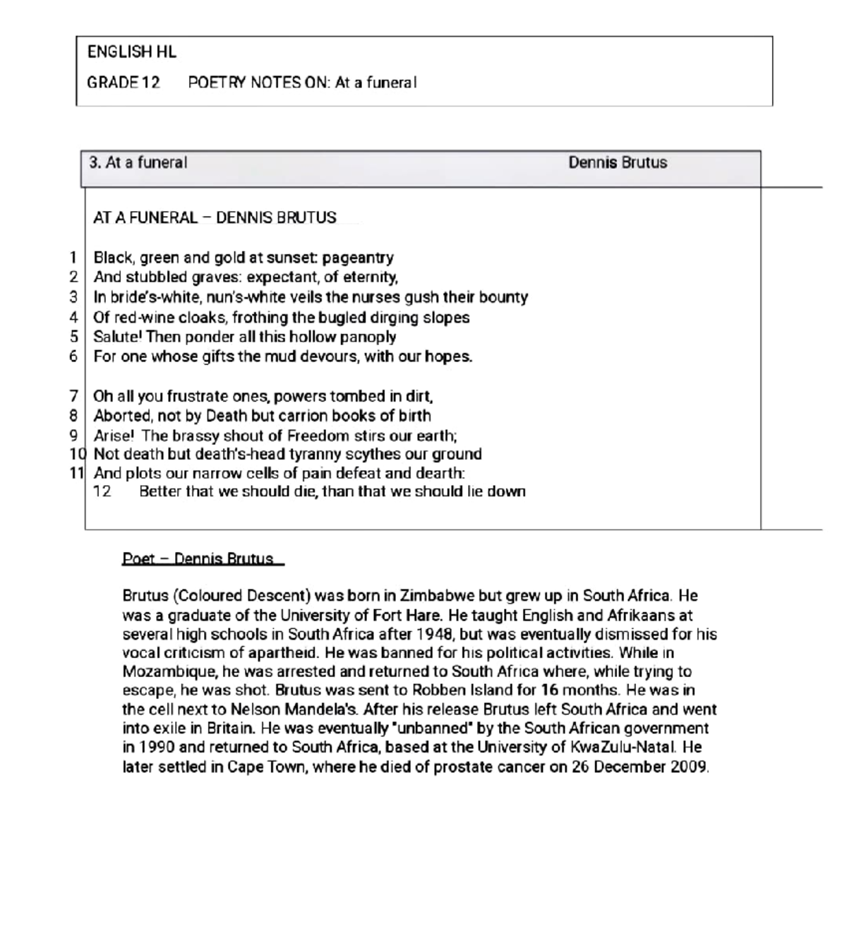 ENGLISH HL GRADE 12 POETRY NOTES: "At a Funeral" by Dennis Brutus - Studocu