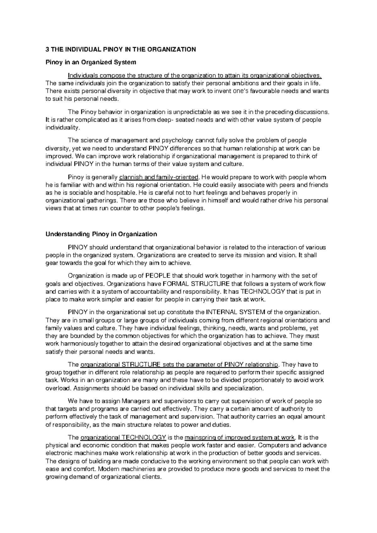 HBO Midterm - Notes on Pinoy Behavior in Organizations - Studocu