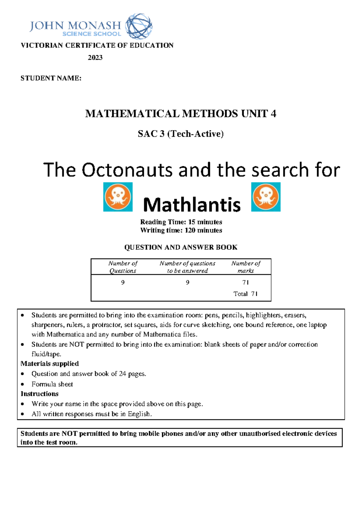 2023 JMSS Unit 4 Mathematical Methods SAC 3: The Octonauts' Mathlantis ...