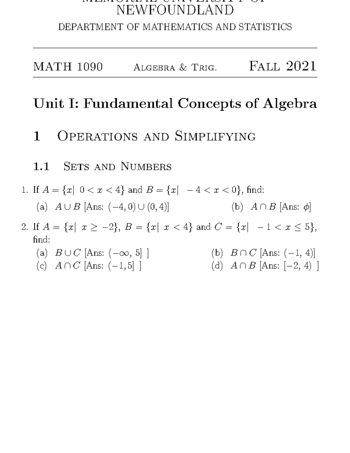 Math1090-Final Review-Worksheet - MEMORIAL UNIVERSITY OF NEWFOUNDLAND ...