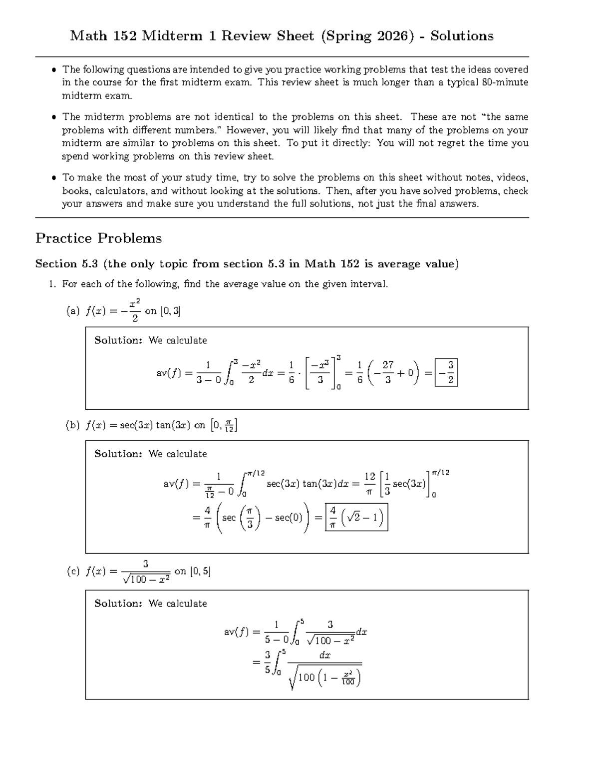 Math 152 Midterm 1 Review Sheet (Spring 2026) Solutions Guide - Studocu