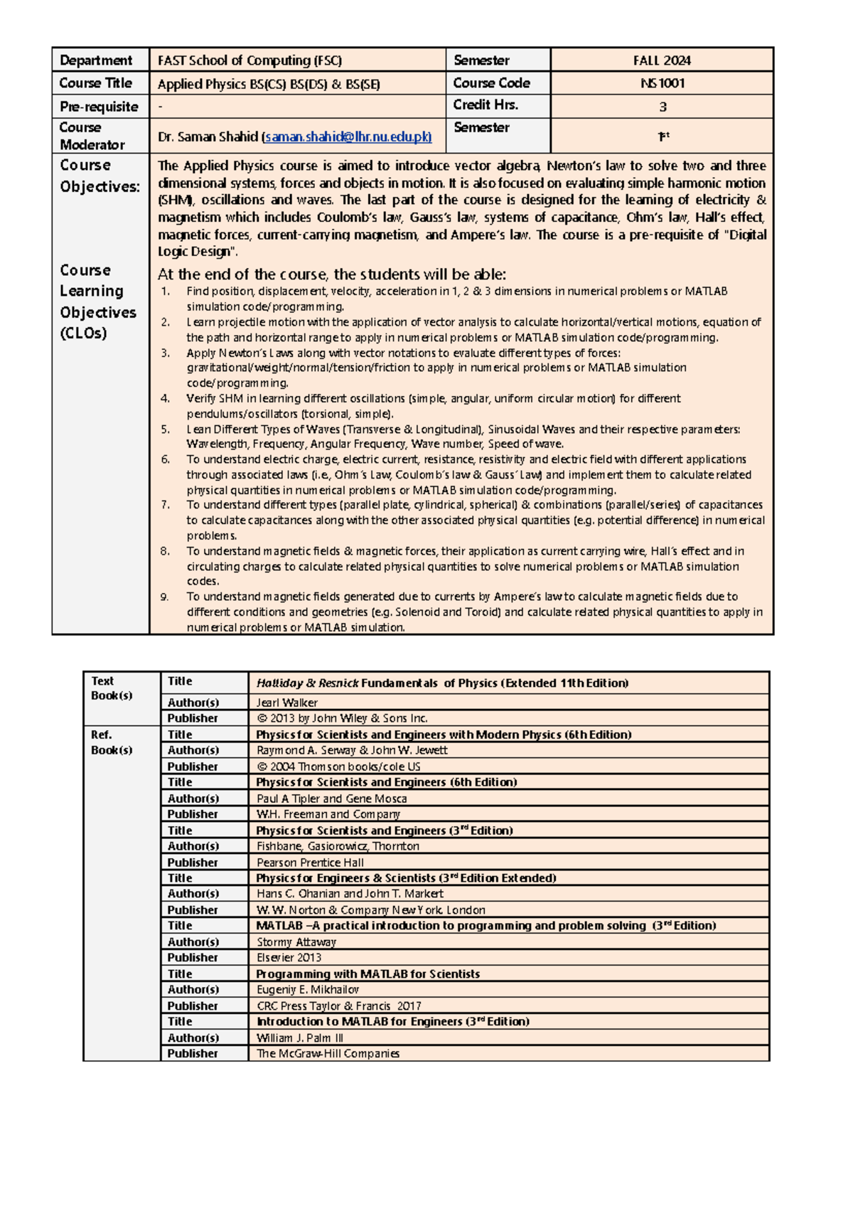 Applied Physics NS - Course Outline - Fall 2024 Version 5 - Studocu