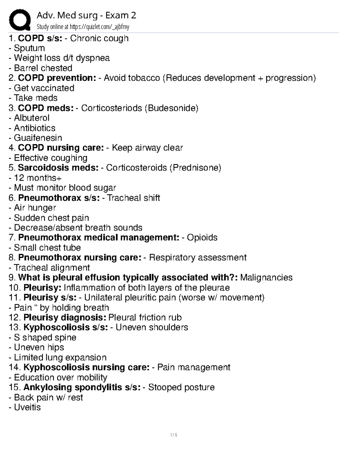Adv. Med Surg 3800 Exam 2 Quiz Notes: Key Concepts & Nursing Care - Studocu