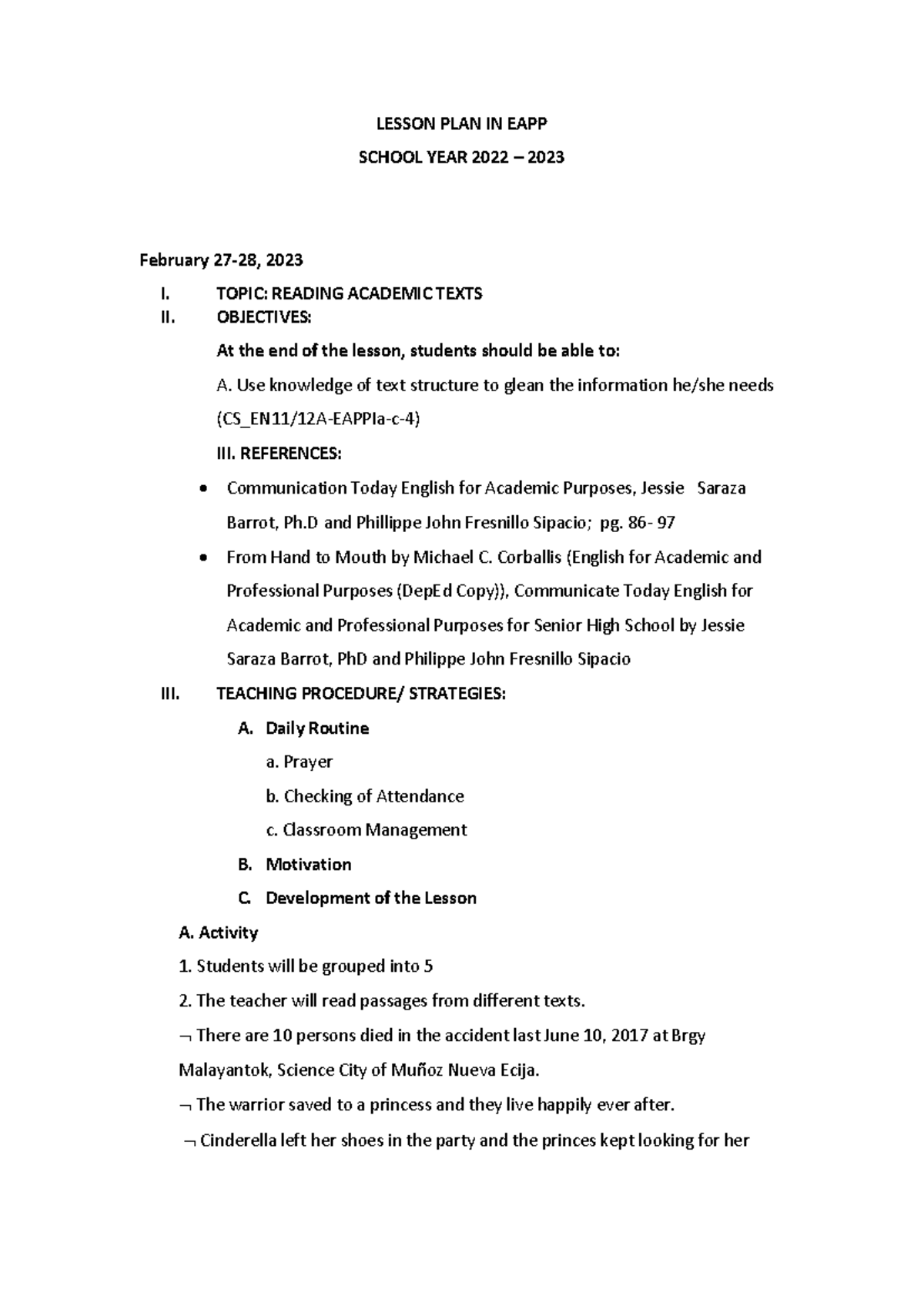EAPP Lesson Plan: Reading Academic Texts (SY 2022-2023) - Studocu