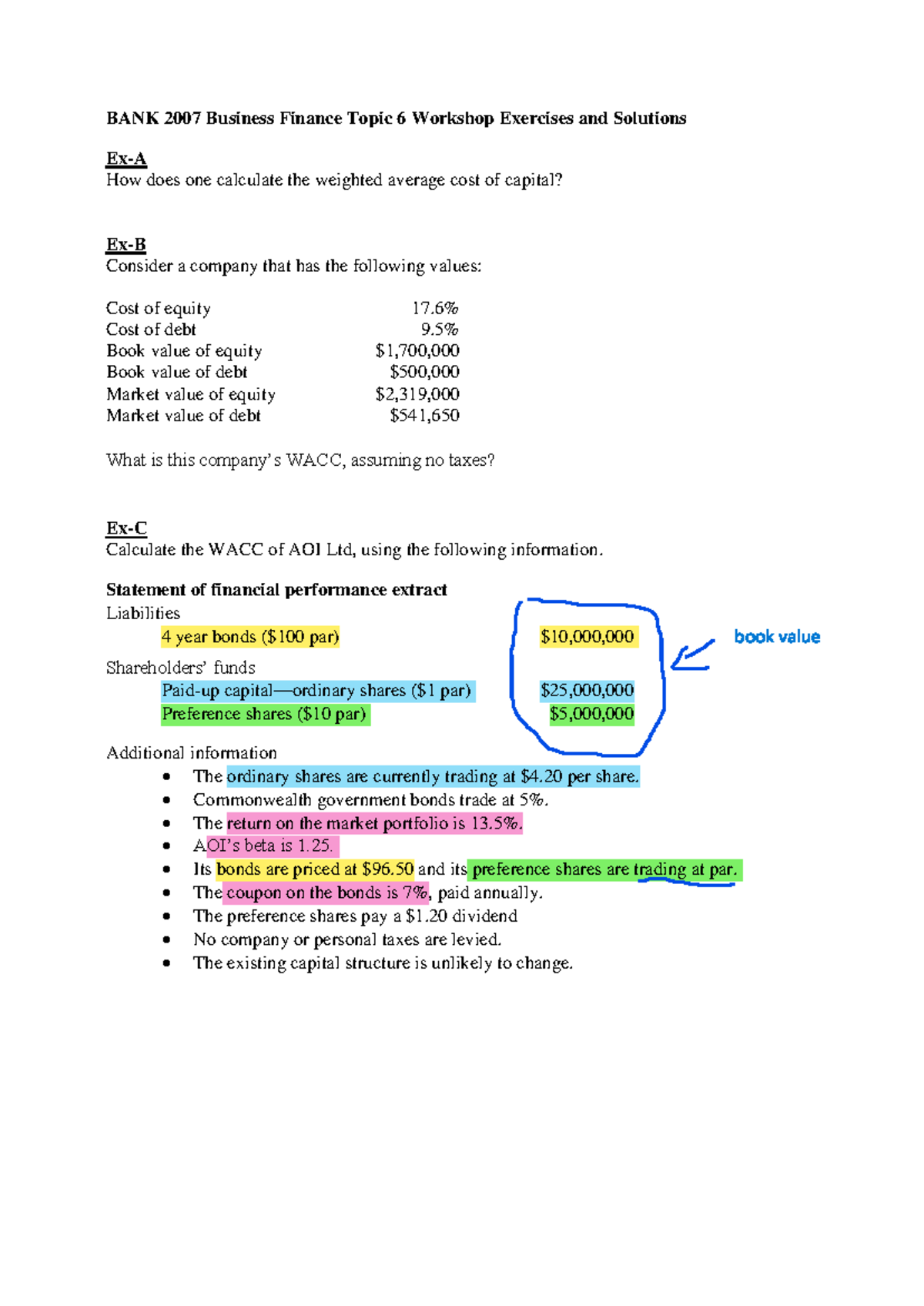 BANK 2007 Business Finance Topic 6 WACC Calculation Exercises - Studocu