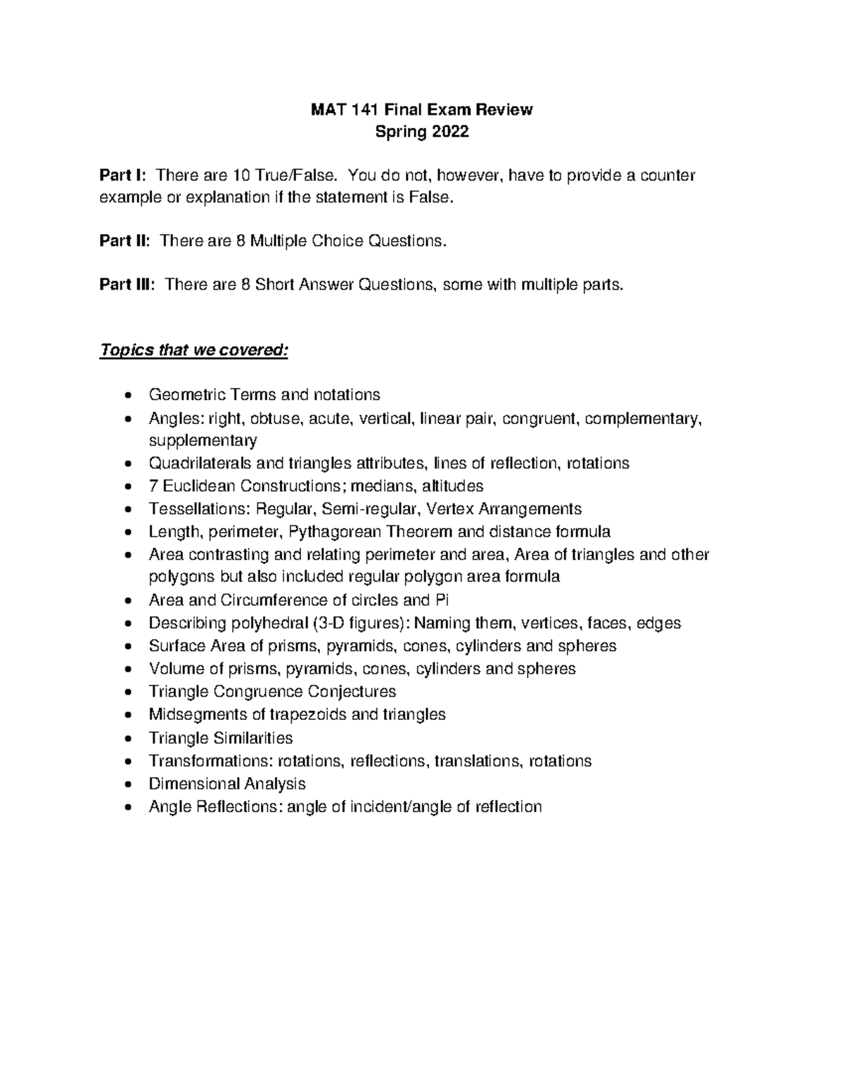 MAT 141 Final Exam Review – Topics in Geometry and Measurements - MAT ...