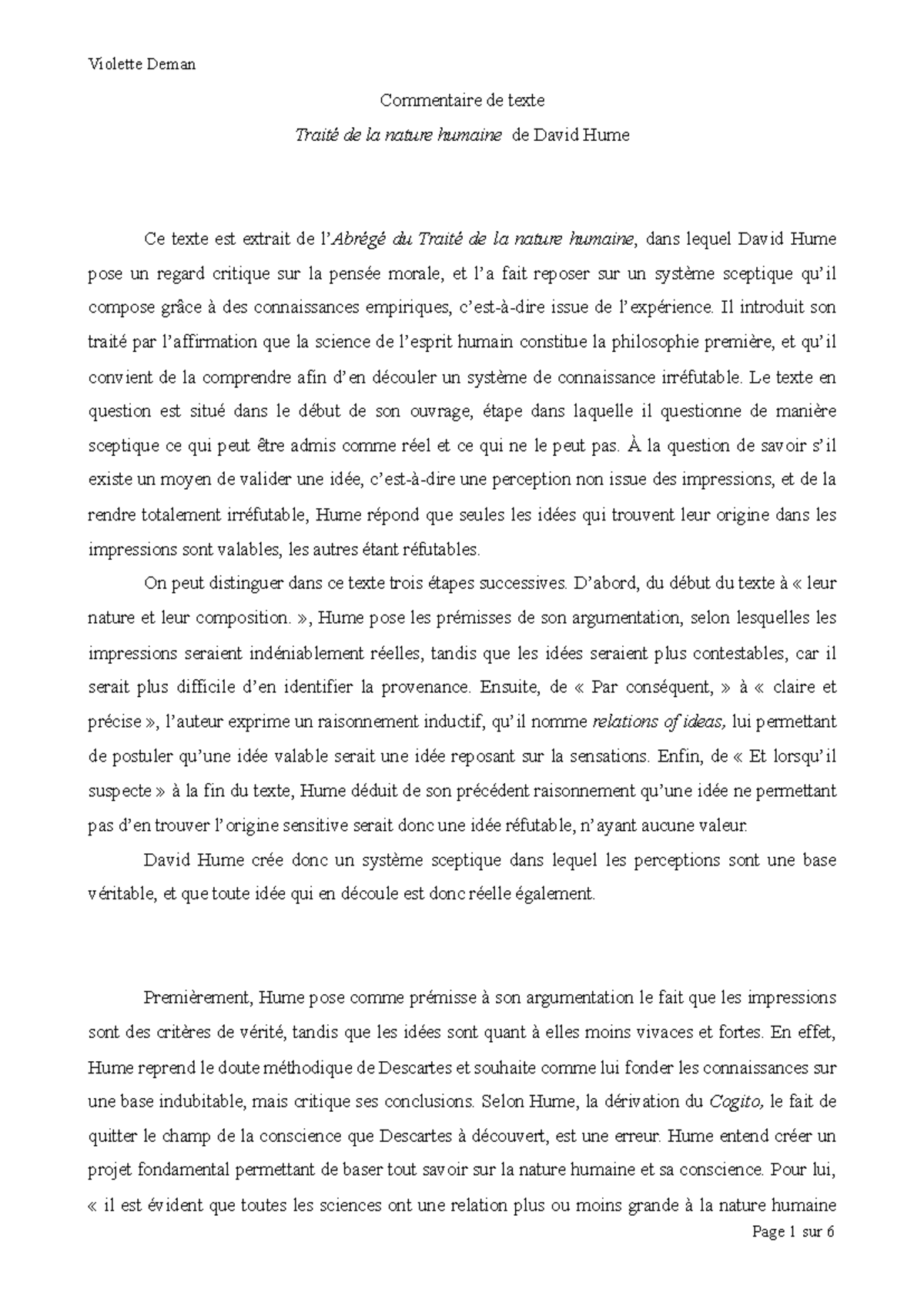 Commentaire sur le Traité de la Nature Humaine de Hume : Analyse ...