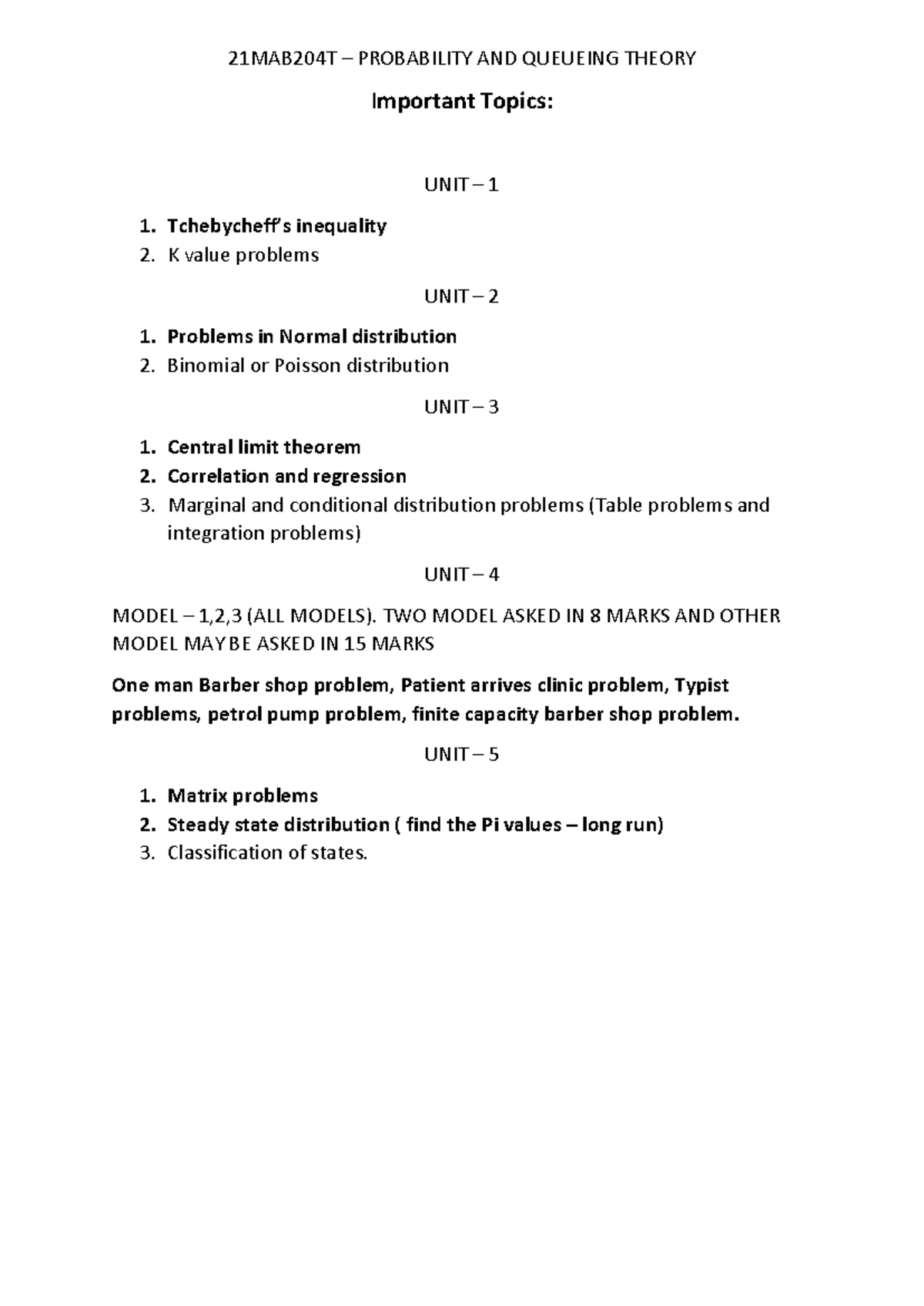 21MAB204T PROBABILITY & QUEUEING THEORY Key Topics Overview - Studocu