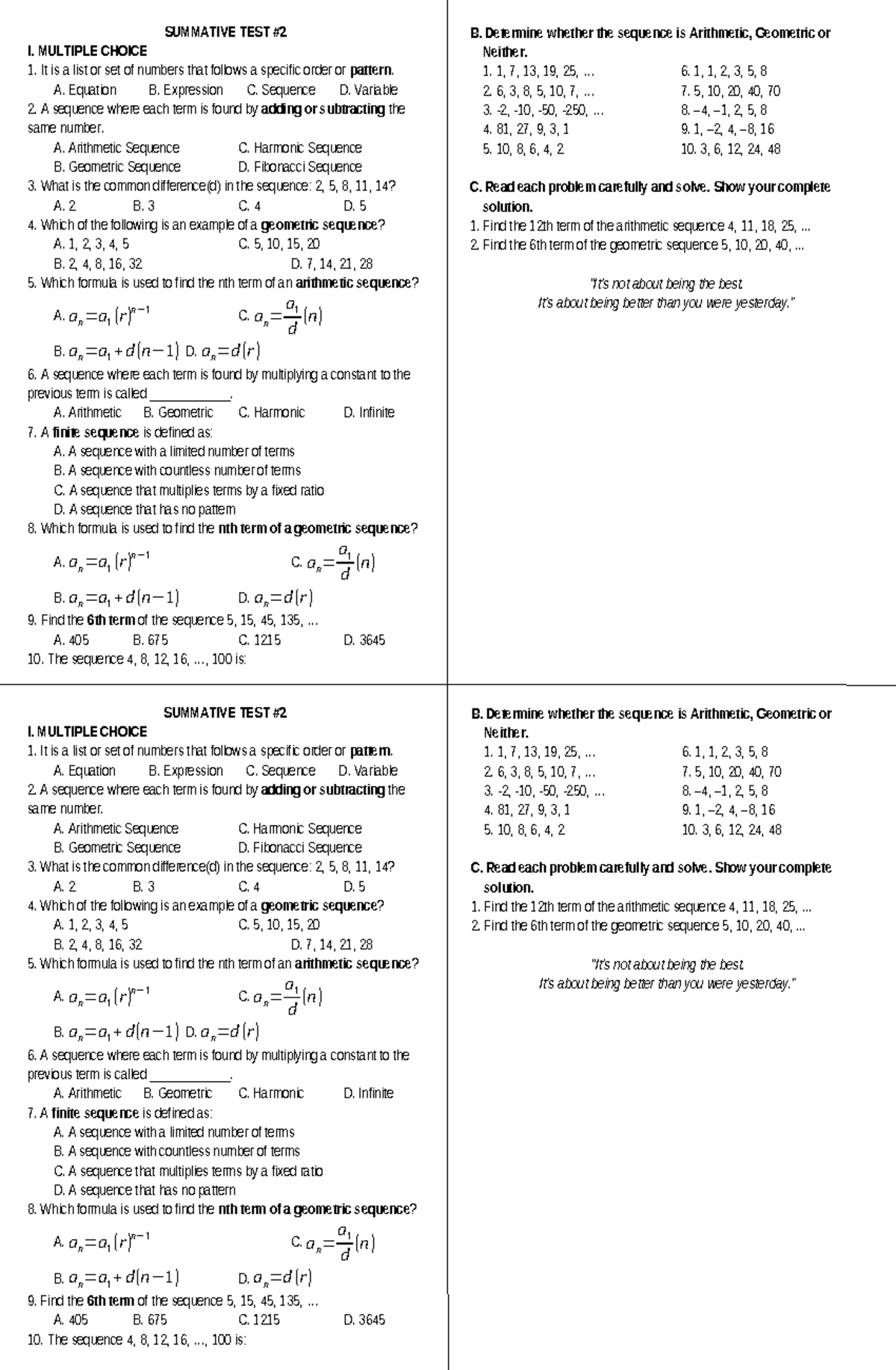 SUMMATIVE TEST I: MULTIPLE CHOICE ON SEQUENCES - Studocu