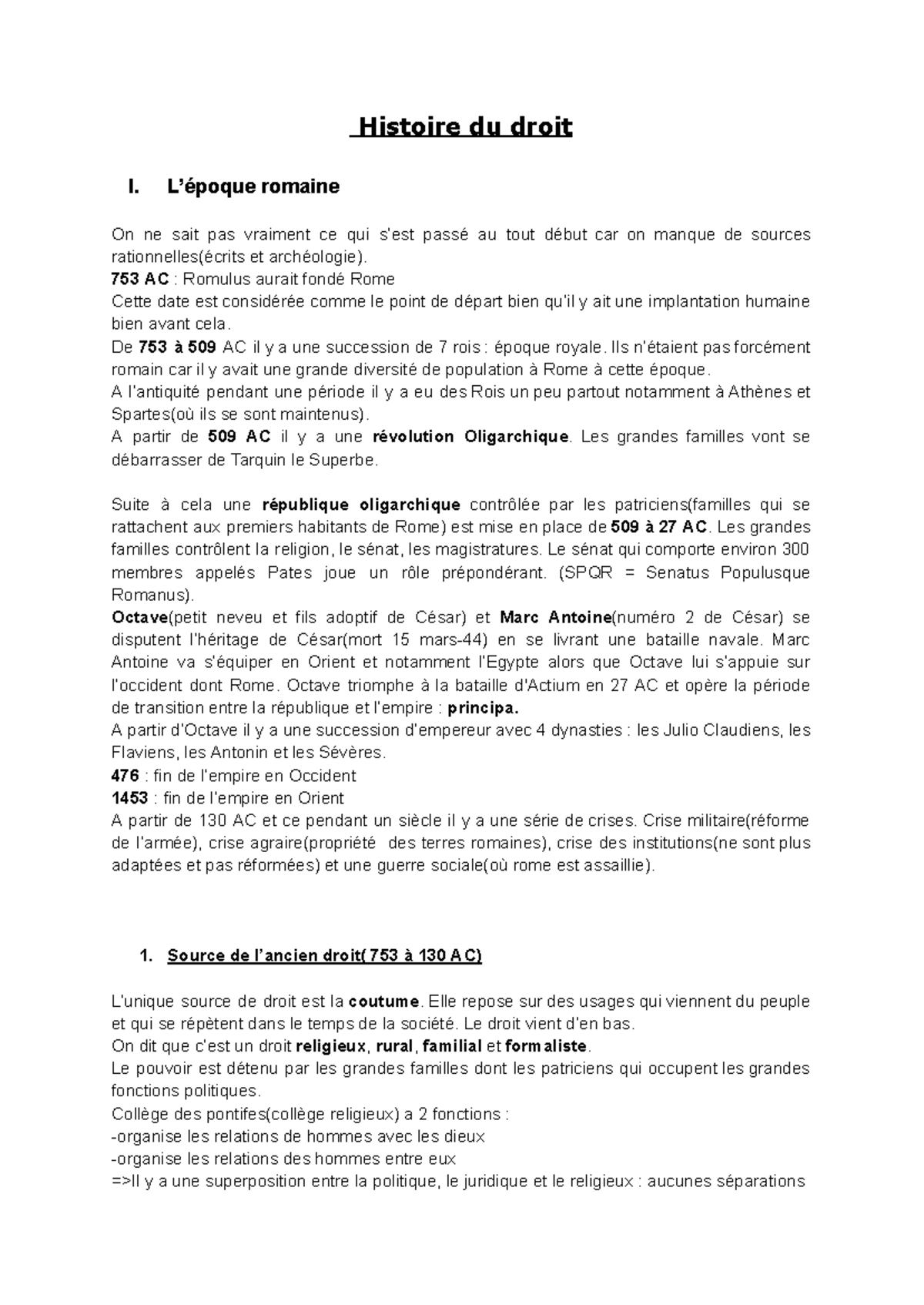 Histoire du Droit I : Évolution du Droit Romain et Sources Historiques ...