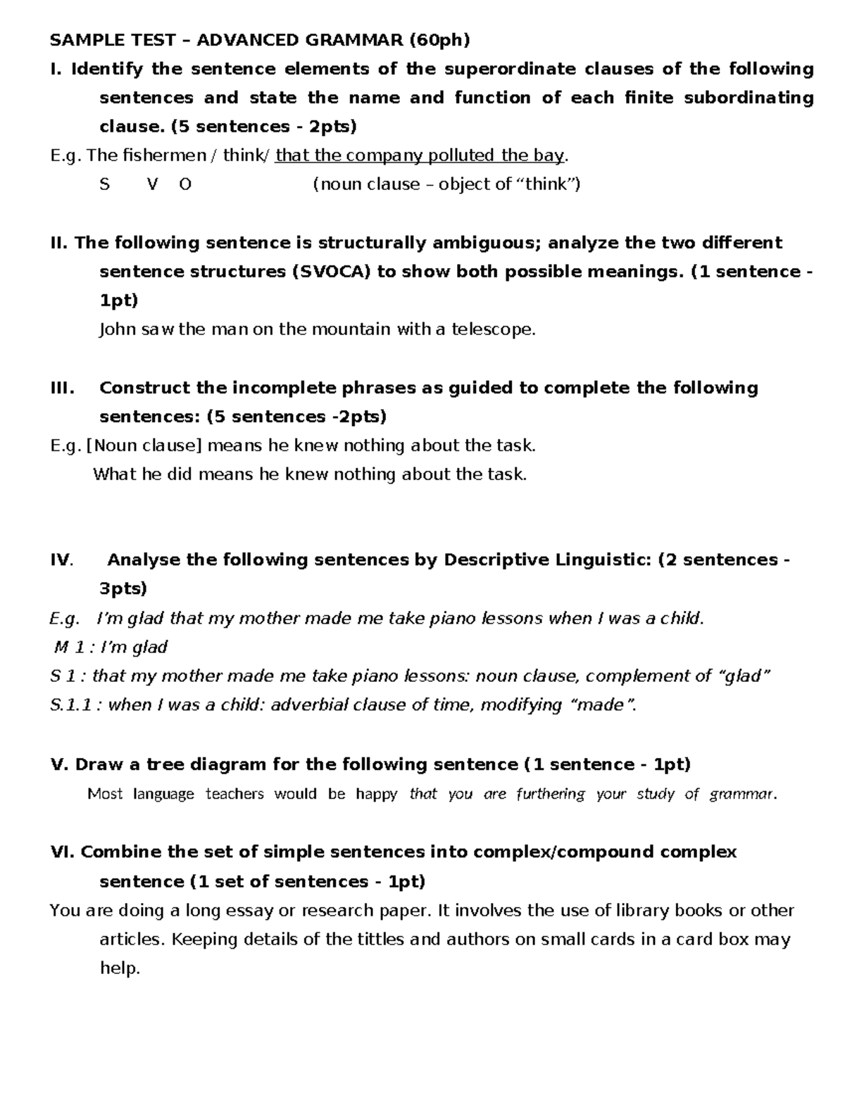 Sample TEST - test - SAMPLE TEST – ADVANCED GRAMMAR (60ph) I. Identify ...