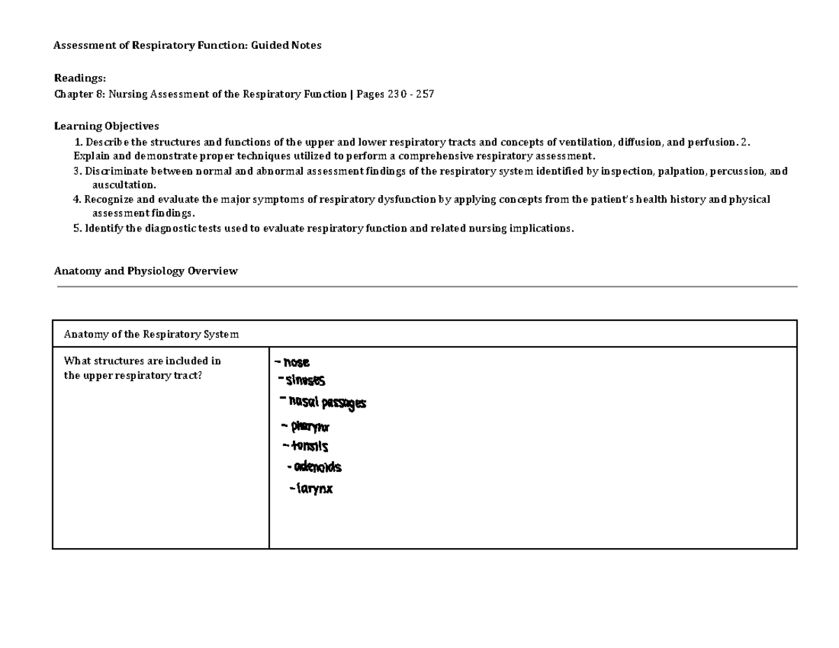 NURS 3661: Guided Notes on Respiratory Function Assessment - Studocu