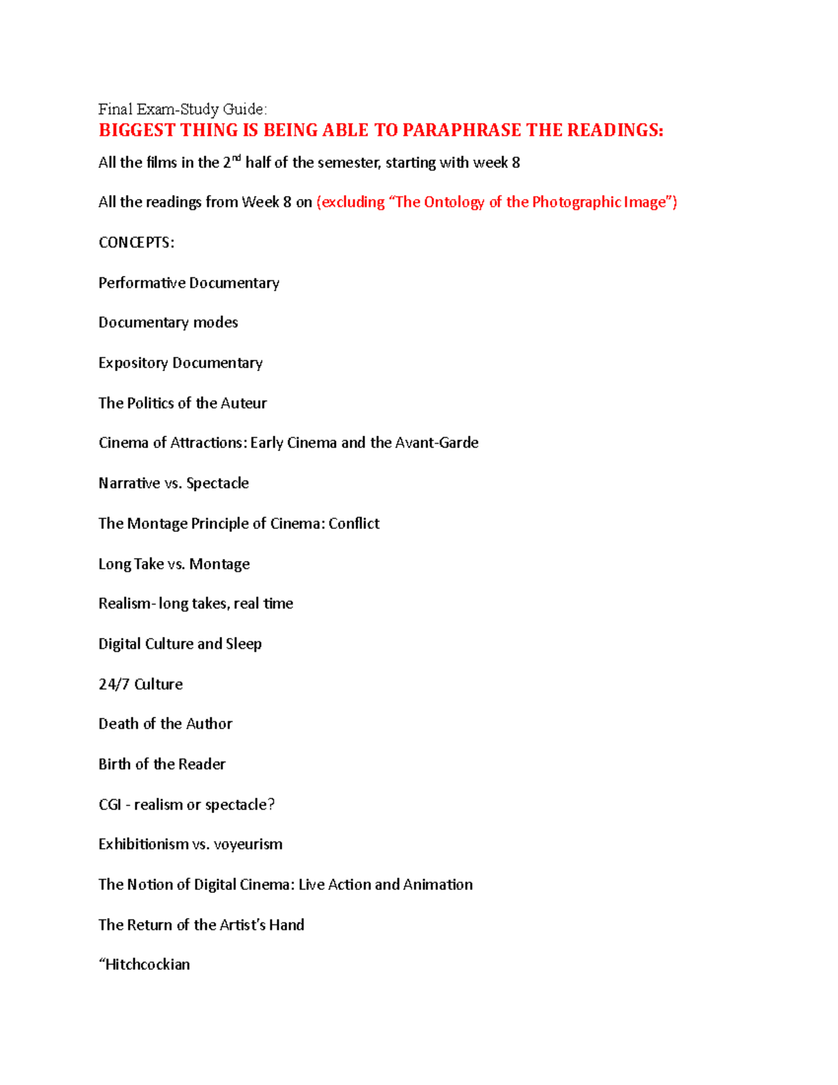 CINE 340 Final Exam Study Guide: Key Concepts & Readings Overview - Studocu