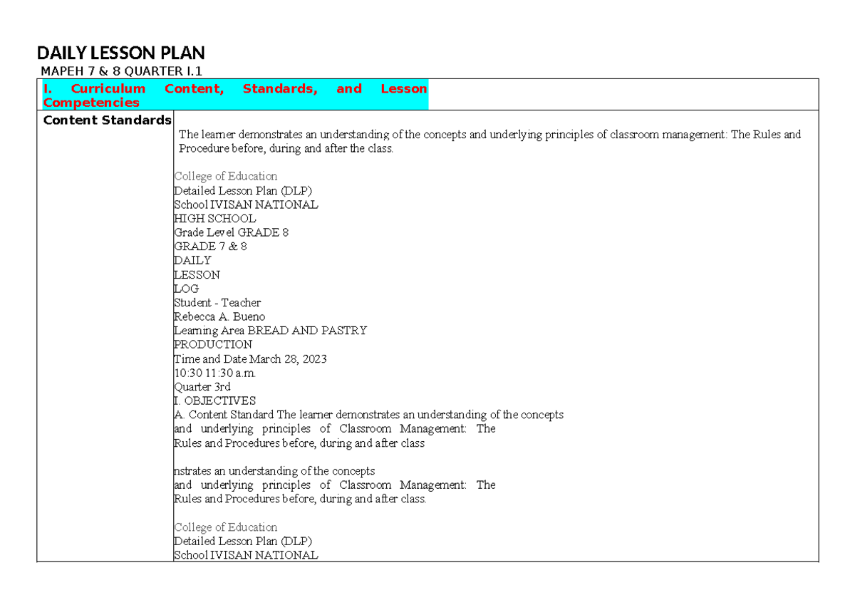 DLP Q1 - Detailed Lesson Plan for MAPEH 7 & 8 Orientation - Studocu