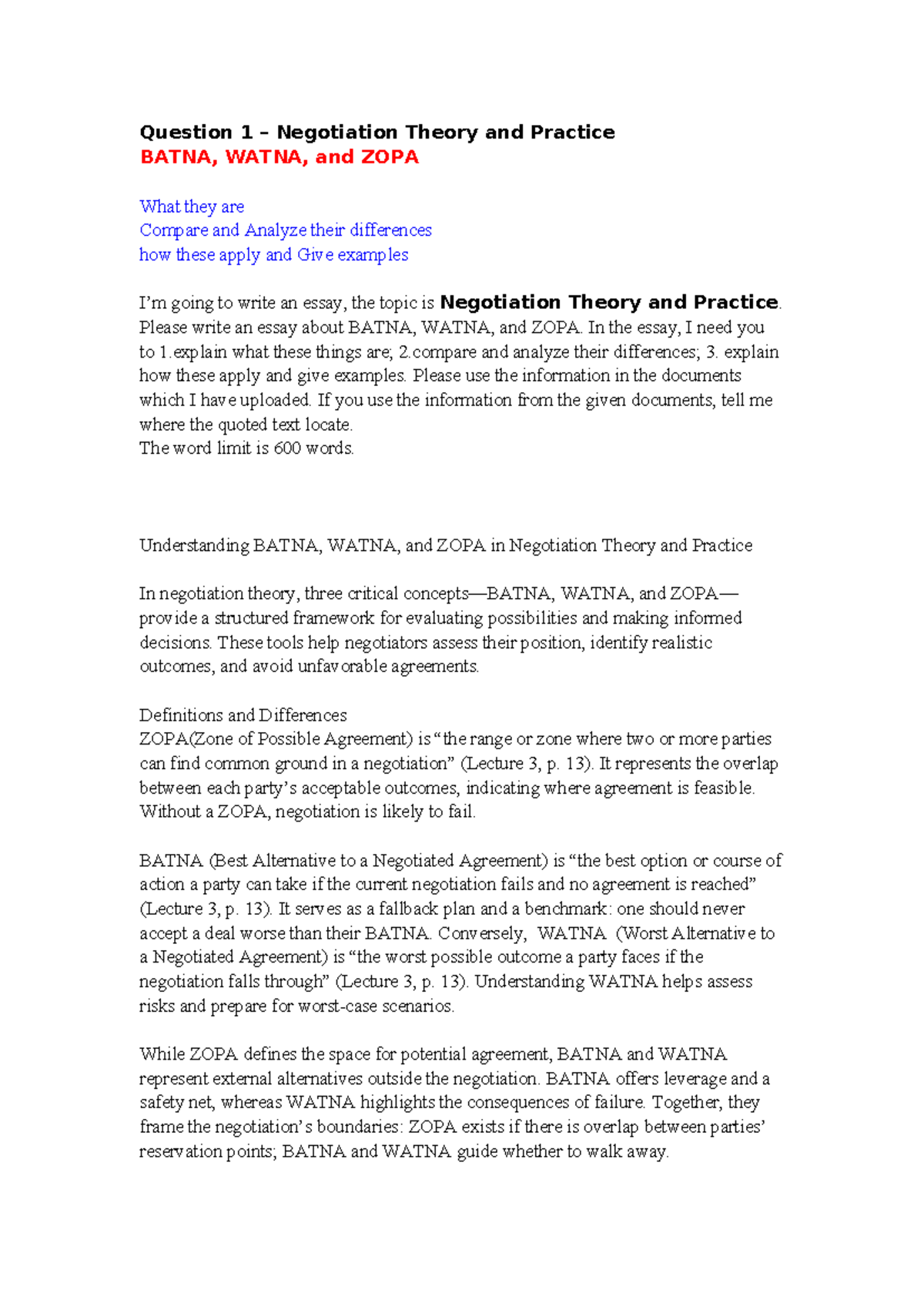 Negotiation Theory and Practice: Analyzing BATNA, WATNA, and ZOPA - Studocu