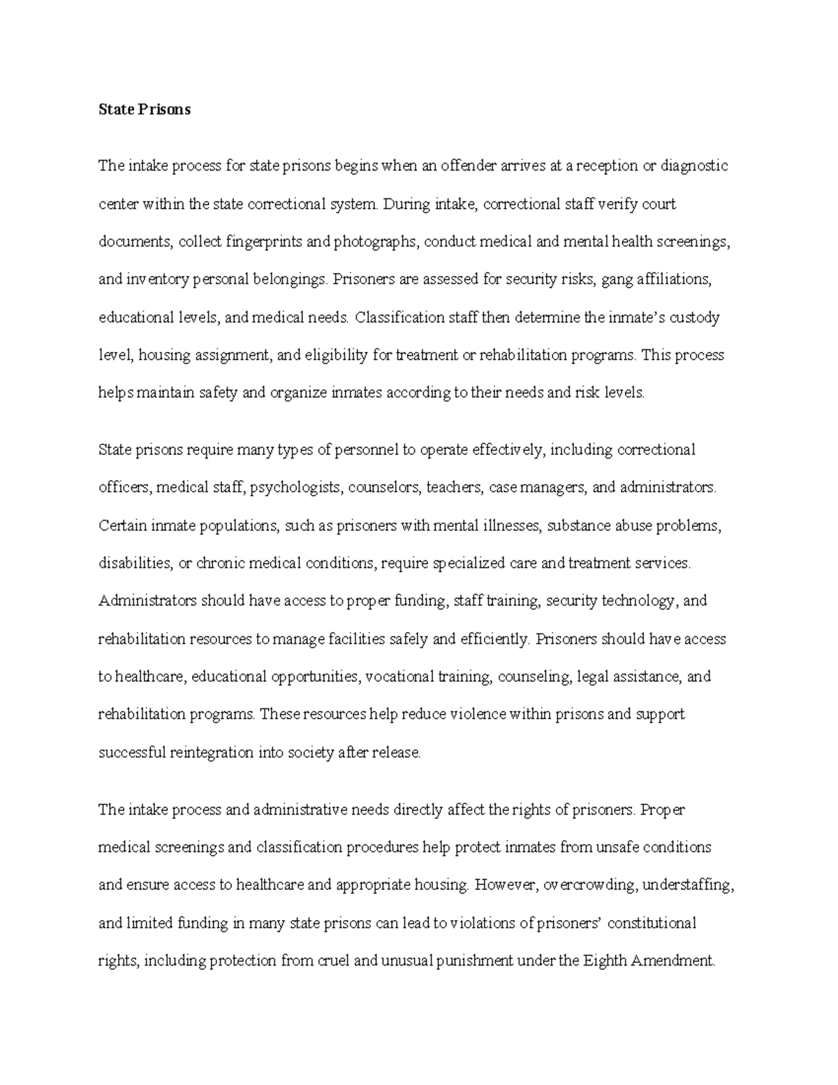 3-1 Journal: Understanding the Intake Process in State Prisons - Studocu