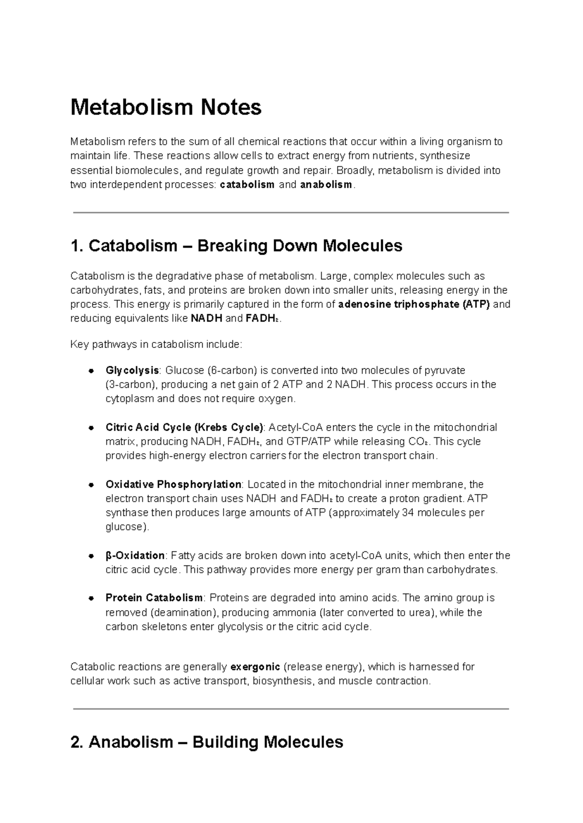 Metabolism Notes: Catabolism, Anabolism, and Energy Regulation - Studocu