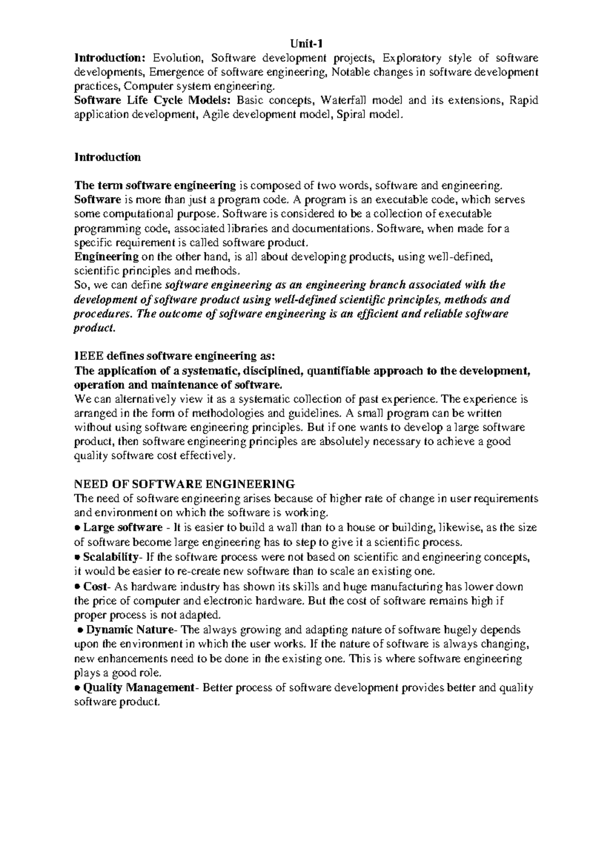 SE-Unit1: Software Engineering Lecture Notes on Development Models ...