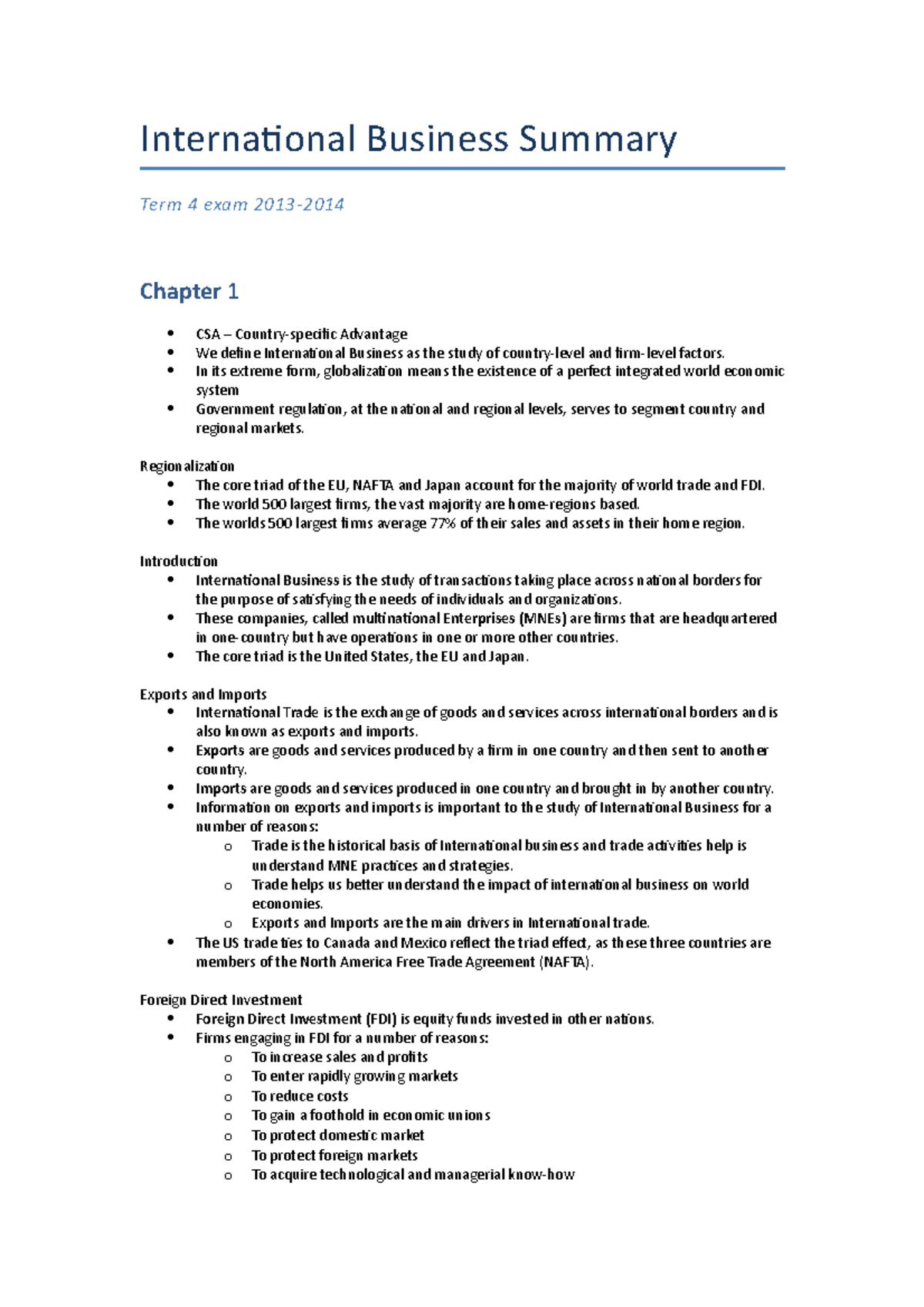 International Business Overview & Key Concepts CH 1-6 Summary - Studeersnel