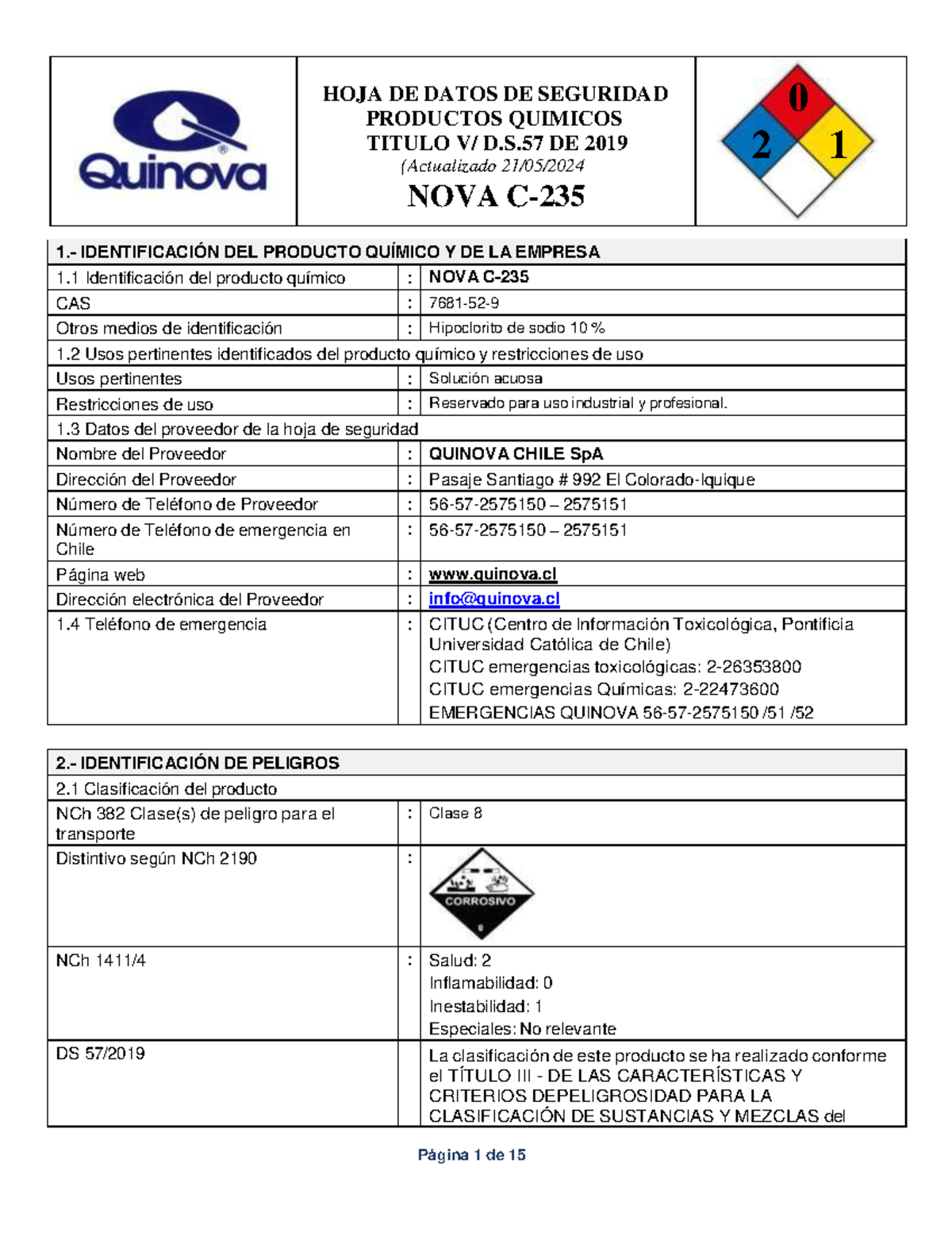NOVA C-235 - Hoja de Seguridad y Clasificación según D.S. 57/2019 - Document Preview
