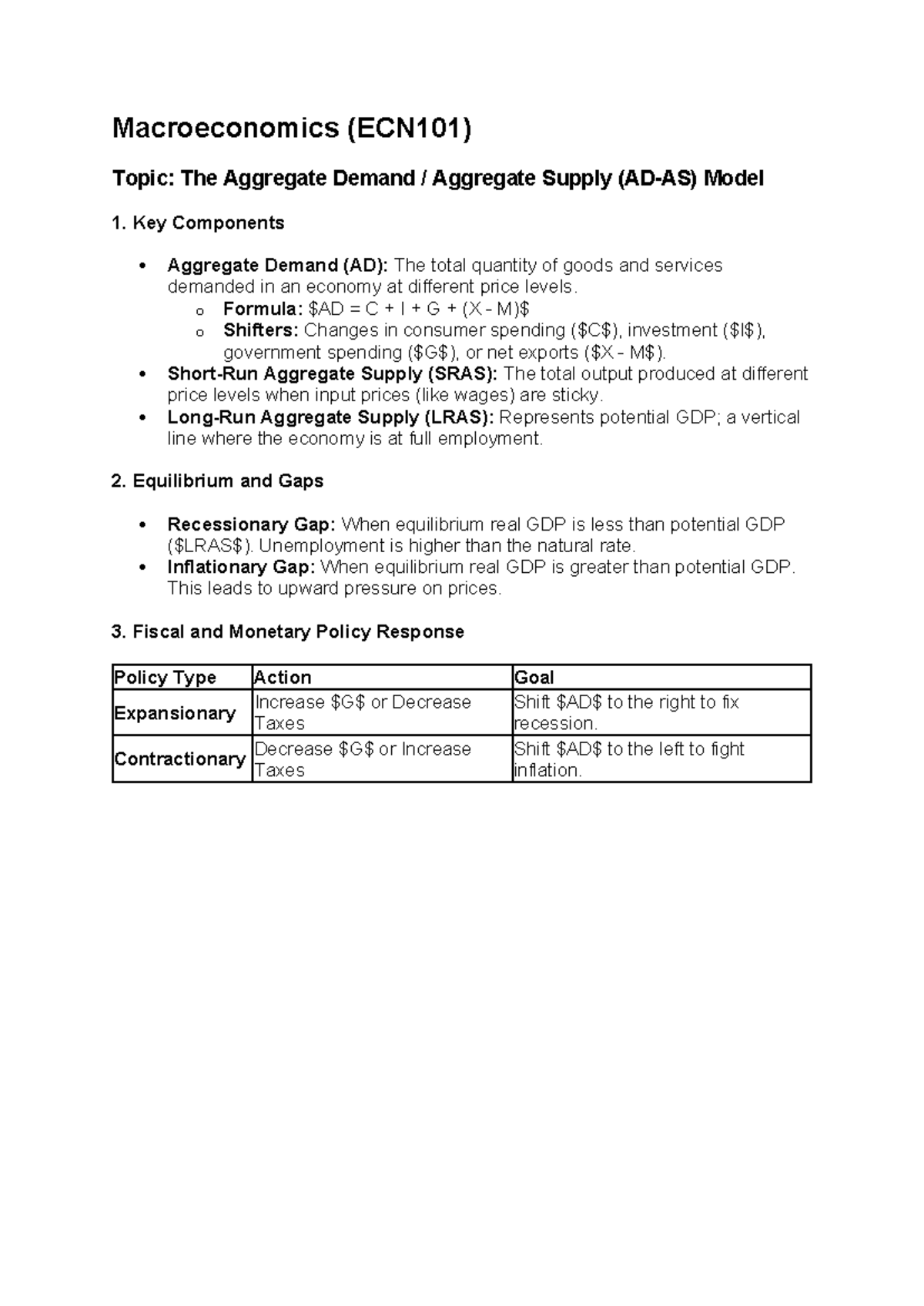 ECN101 Lecture Notes: Aggregate Demand & Supply Model Analysis - Studocu