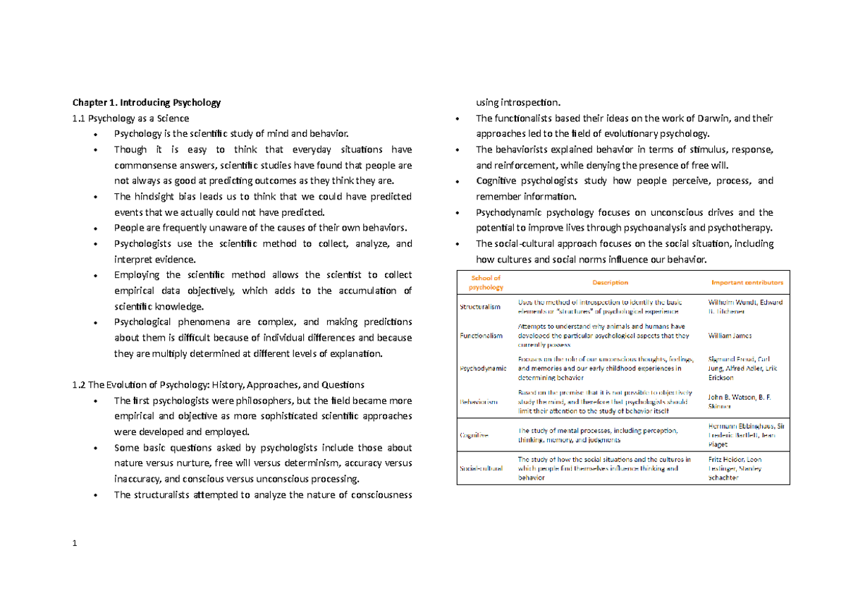 HKU PSYC1001 Intro to Psychology Chapter Summary and Key Notes - Studocu