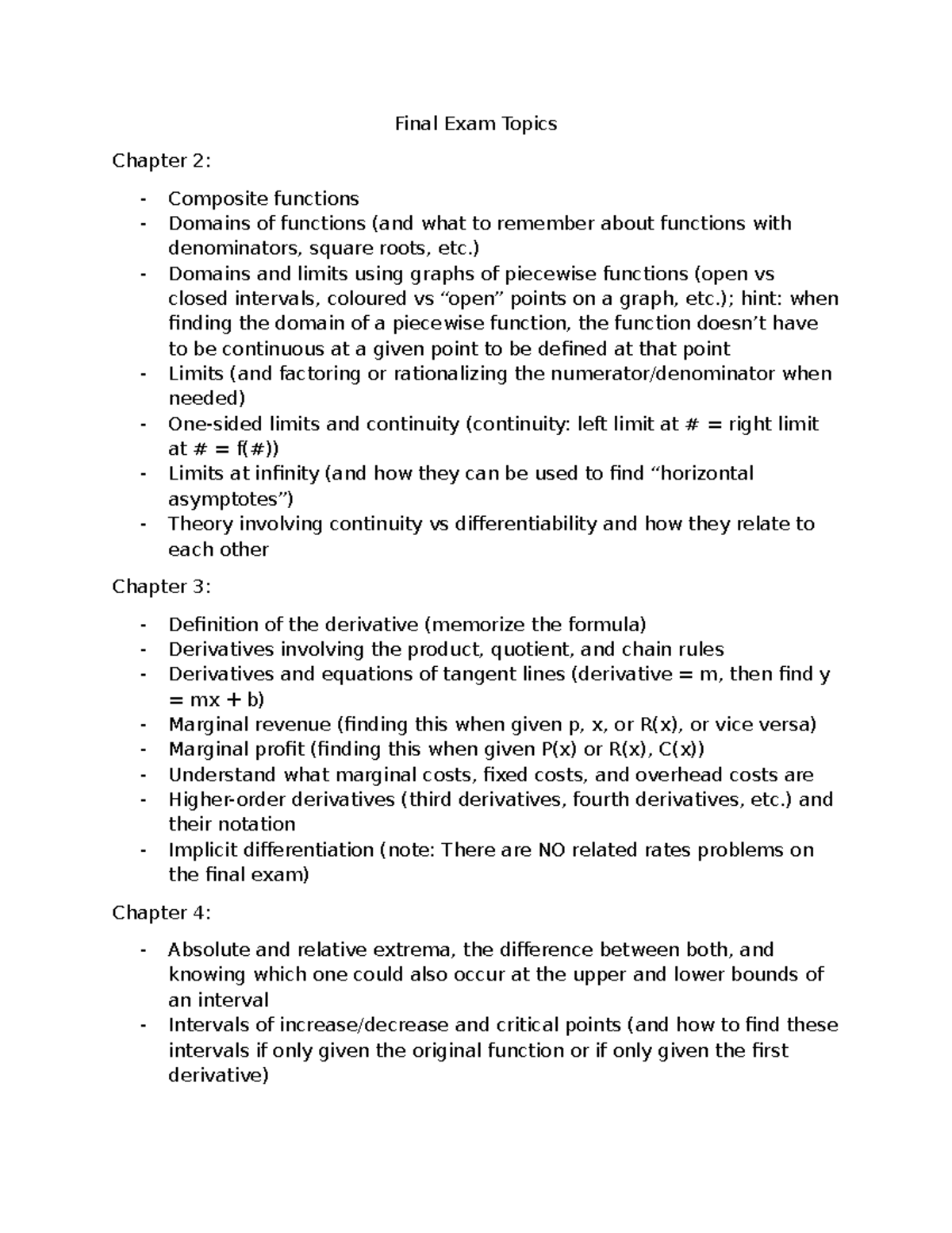 Final Exam Topics Summary for Calc 101: Key Concepts & Review - Studocu
